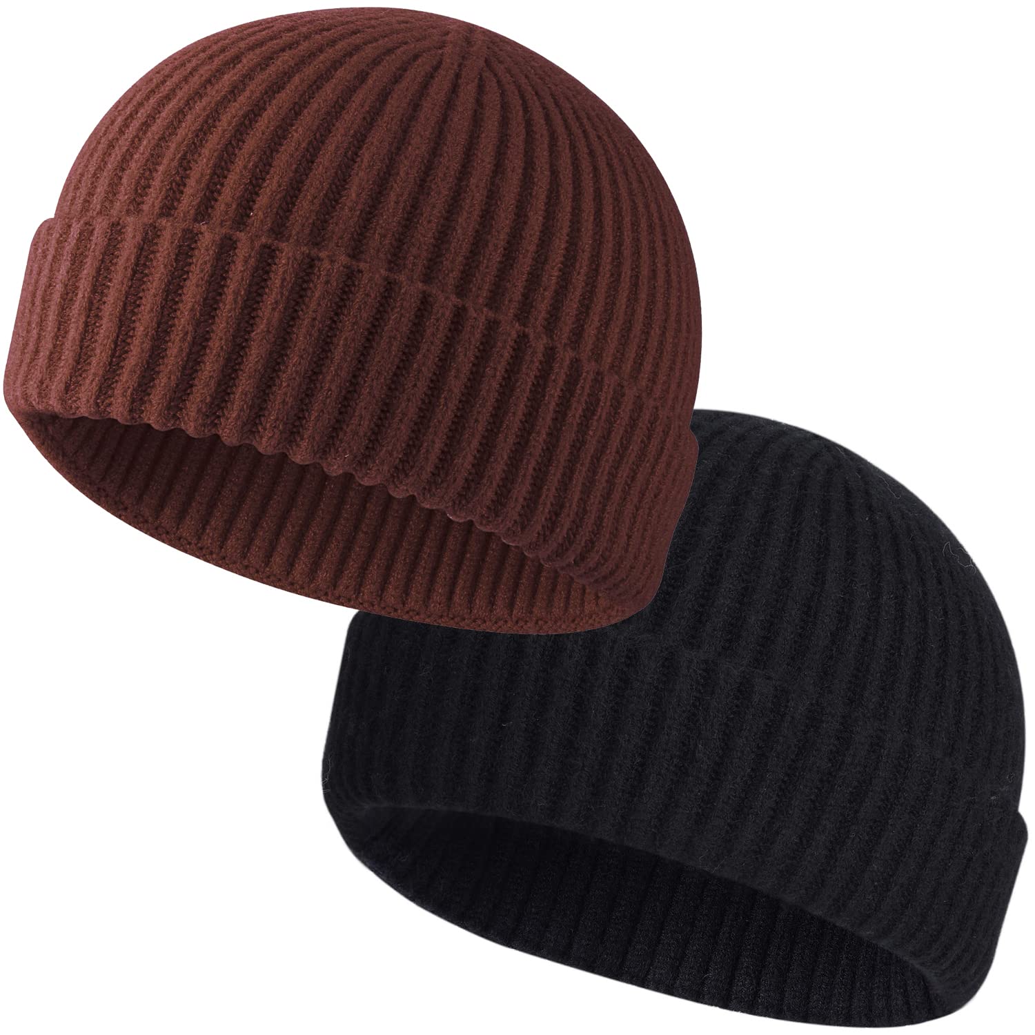 ROYBENS 2 Pack Wool Fisherman Beanies for Men Knit Short Watch Cap Winter Warm Hats