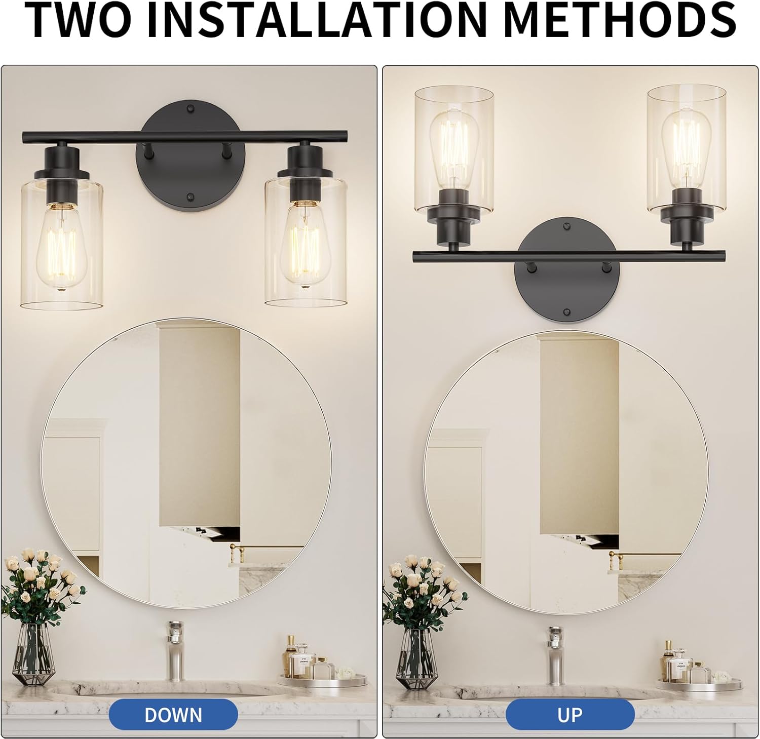 GORDNWE Modern Vanity Light - 2 Lights, Matte Black, E26 Bulb Base, Over Mirror, Farmhouse Style