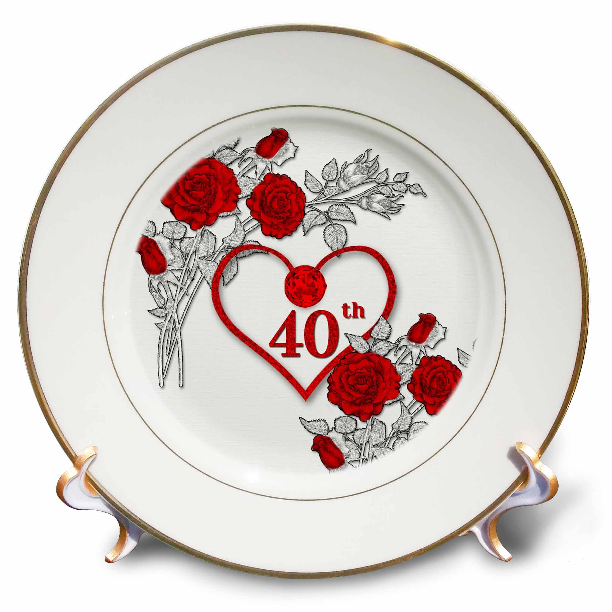 3dRose Red Heart and Roses 40Th Ruby Anniversary for Wedding Or Business Porcelain Plate, 8"
