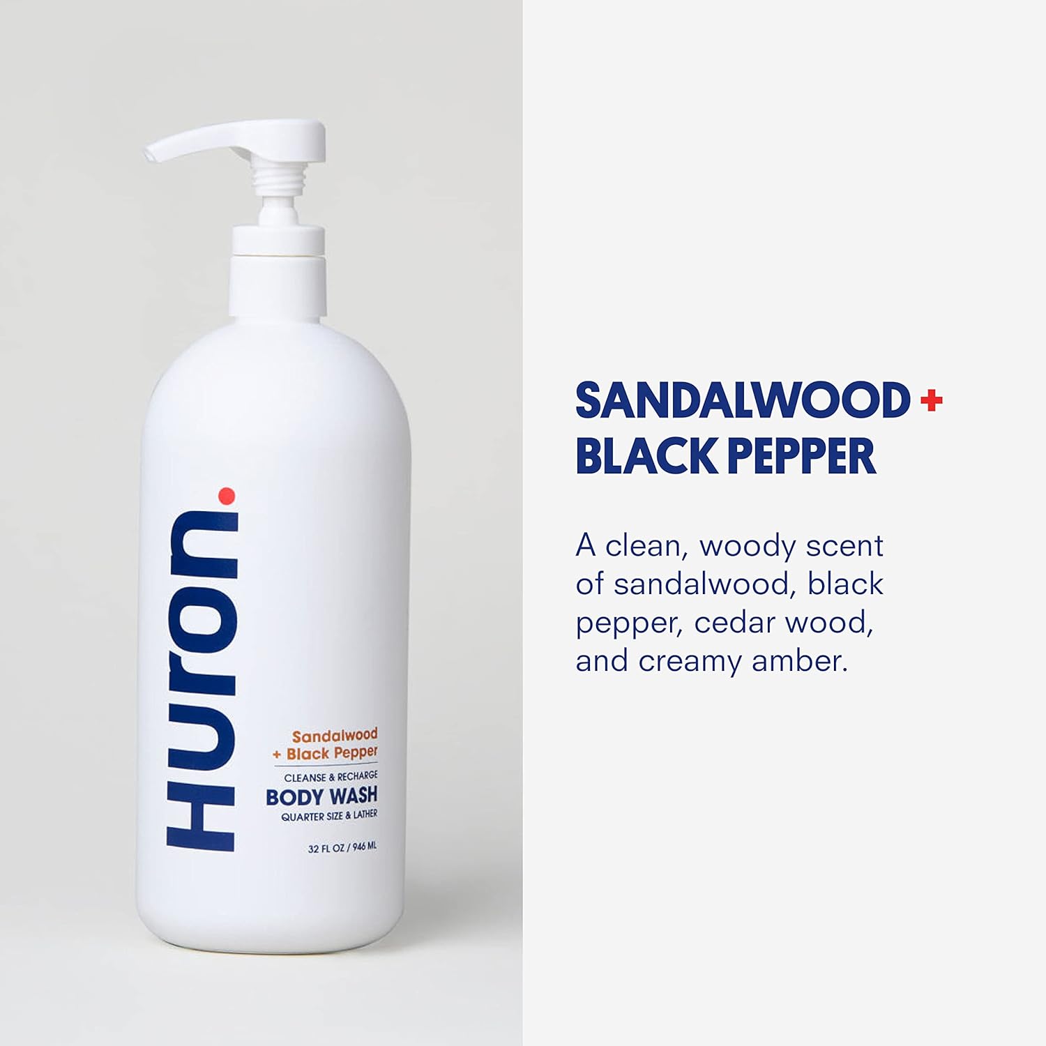 Huron Men’s Moisturizing Body Wash - Clean & Woody Scent of Sandalwood, Black Pepper, Cedarwood, & Amber - Made With Coconut Oil, Vitamin E & Witch Hazel - Vegan, Cruelty-Free - 30.3 fl oz - Image 4