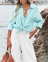 Vista 7 de Esmeling Blusa casual de gran tamaño con botones para mujer, manga larga, cuello de solapa, ajuste holgado