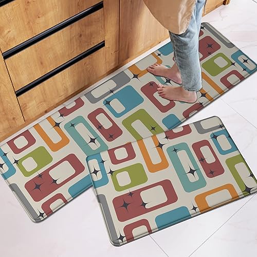 Midcentury - Juego de 2 alfombras de cocina retro de los años 70 con formas rectangulares, tapetes de cocina suaves para el suelo, alfombra
