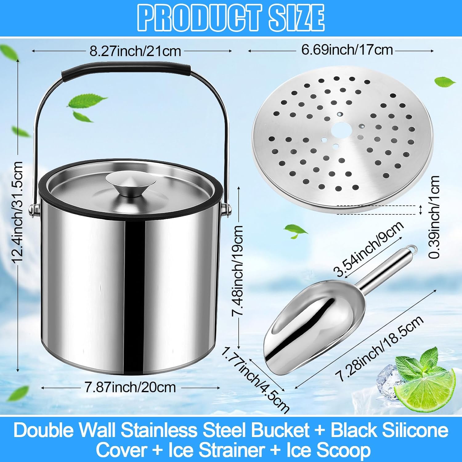 meekoo 4 L Double Wall Insulated Ice Bucket with Lid, Scoop, Strainer, Handle Large Stainless Steel Wine Ice Bucket Upgraded Cover Keep Frozen Longer for Cocktail Bar Parties(Silver) - Image 2