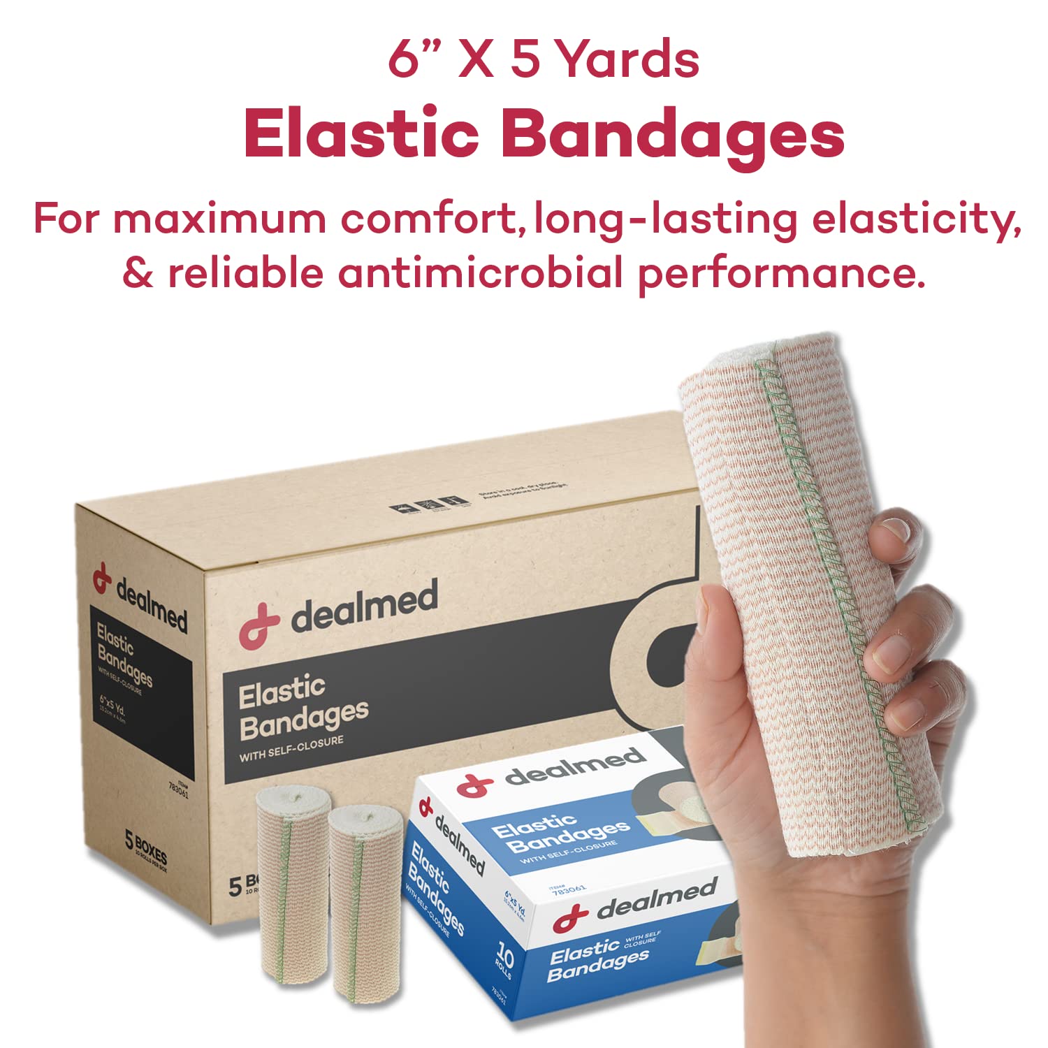Dealmed Vendaje elástico de 6 pulgadas con cierre automático, 50 vendas elásticas, vendaje de compresión estirado de 5 yardas, producto de cuidado de heridas para botiquín de primeros auxilios e