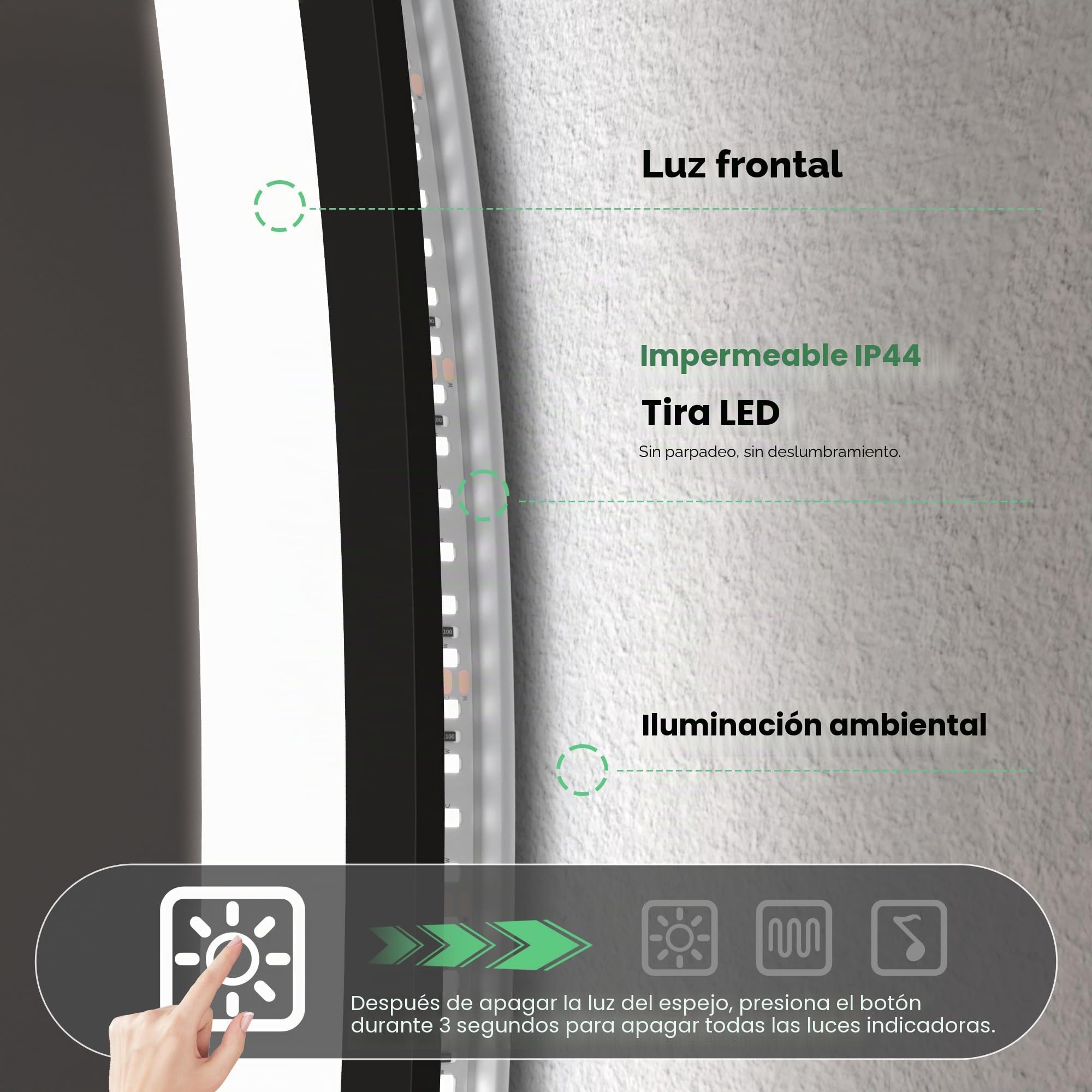 S'bagno Redondo-Espejo-Baño-con-Luz 80CM, Espejo-Baño-LED-con-Bluetooth, Antivaho, 3 Colores de Luces, Regulable, Memoria Luz, IP44, Vidrio Templado, Marco Hierro Negro