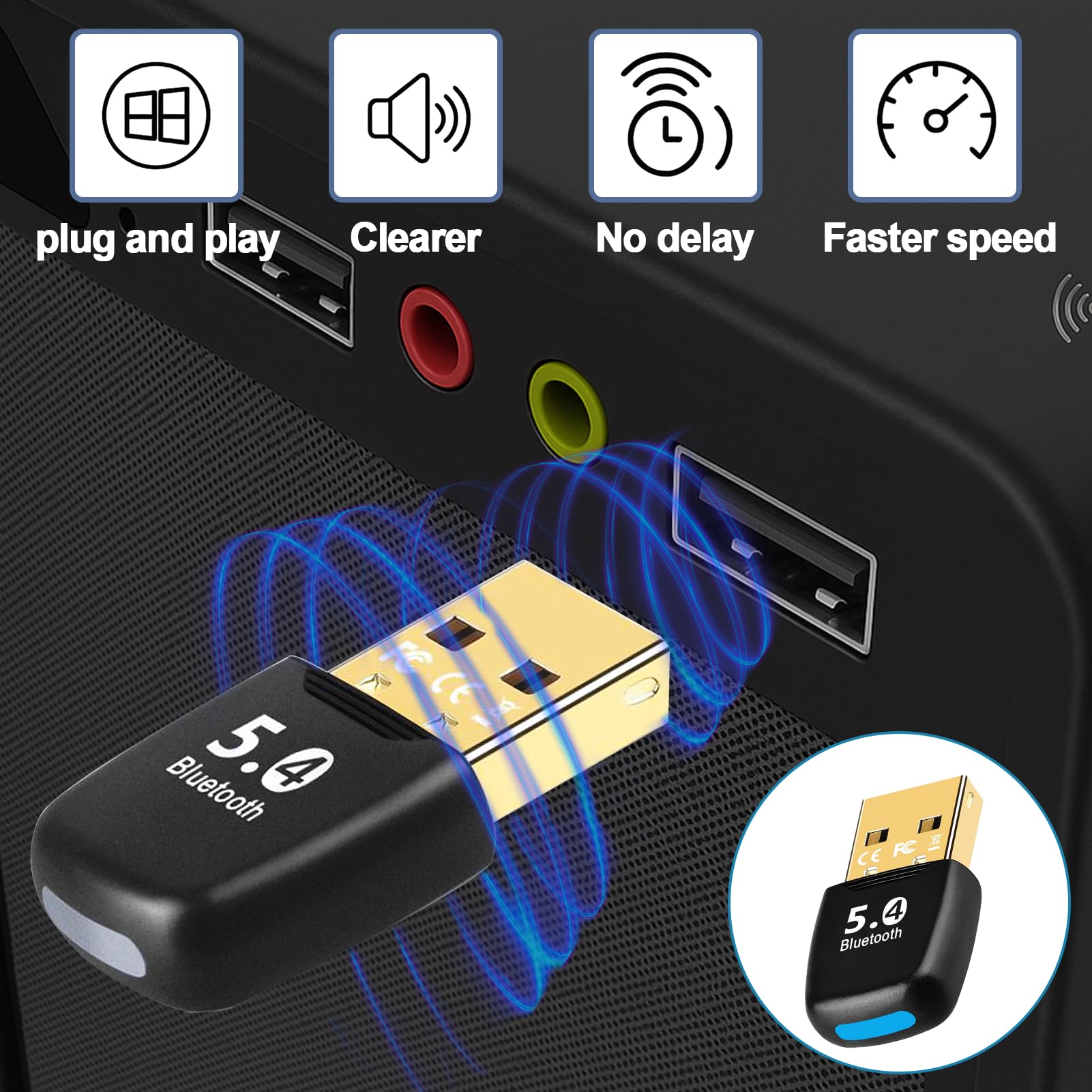 Adaptador Bluetooth para PC, dongle USB Bluetooth 5.4, adaptador USB de baja latencia, llave Bluetooth para ordenador de escritorio/portátil, Plug & Play, receptor Bluetooth para Windows