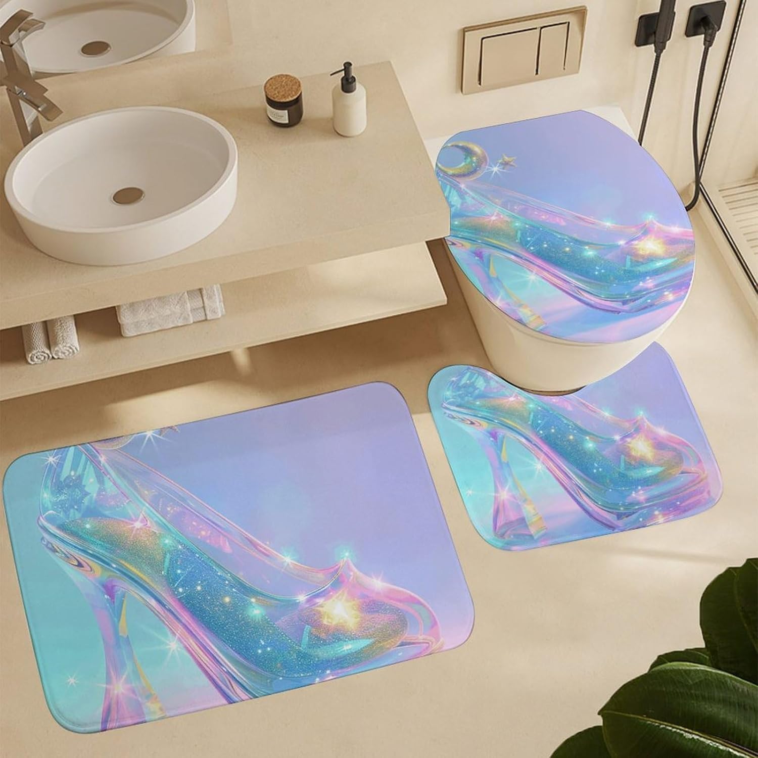 Star Glass Slippers Shower Curtain Set 4 Piece, Non-Slip Bath Mat with Toilet Lid Cover and Waterproof Shower Curtain with 12 Hooks, Complete Bathroom Set for Home Decor