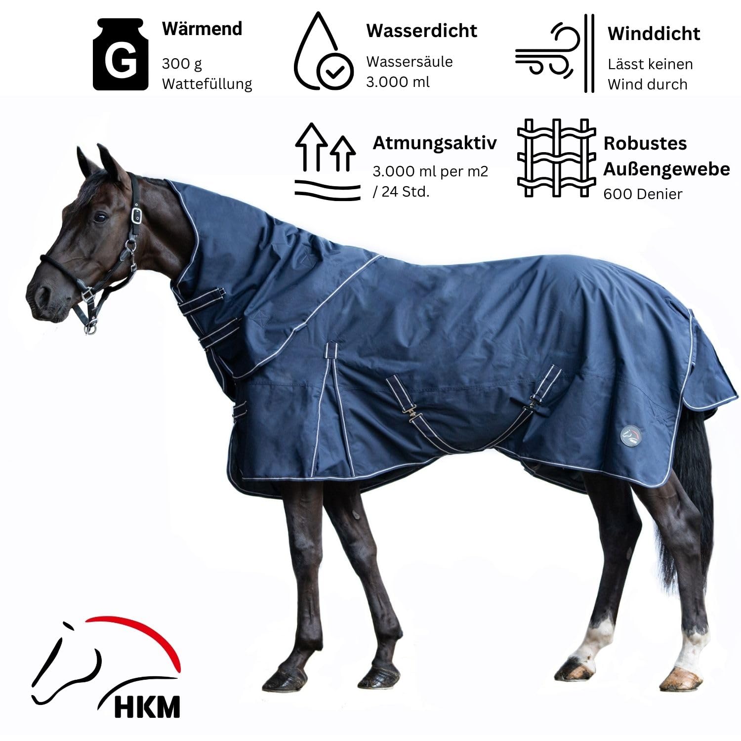 HKM 10392 Outdoordecke, abnehmbares Halsteil, 300g Füllung, Pferdedecke Blau, 155