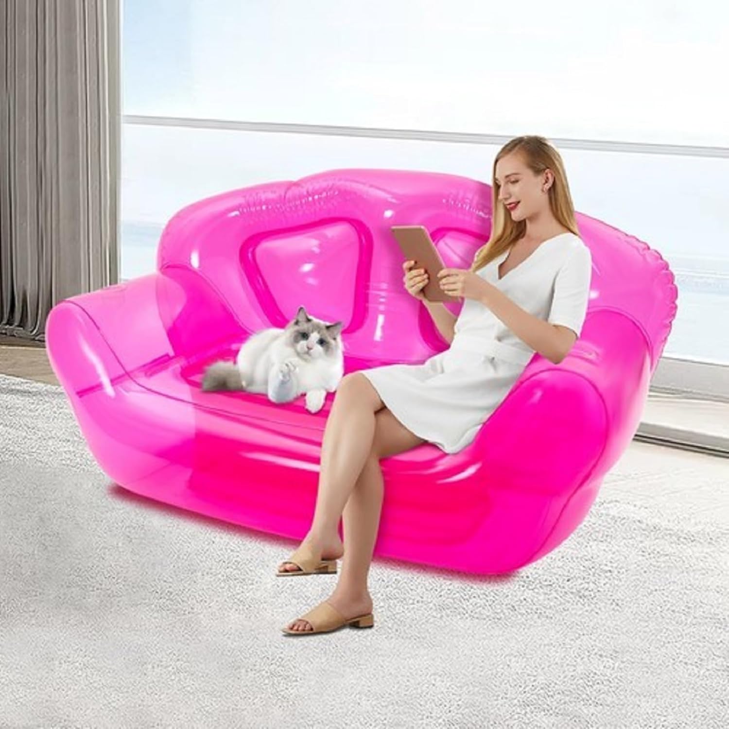 Inflatable Chair Transparent Inflatable Couch Adult Loveseat Portable Foldable Double Air Sofa 70.9 * 35 * 37in for Backyard,Camping, Picnics, Festivals, Pool, Lawn, Travel-Load 440LB (Pink)