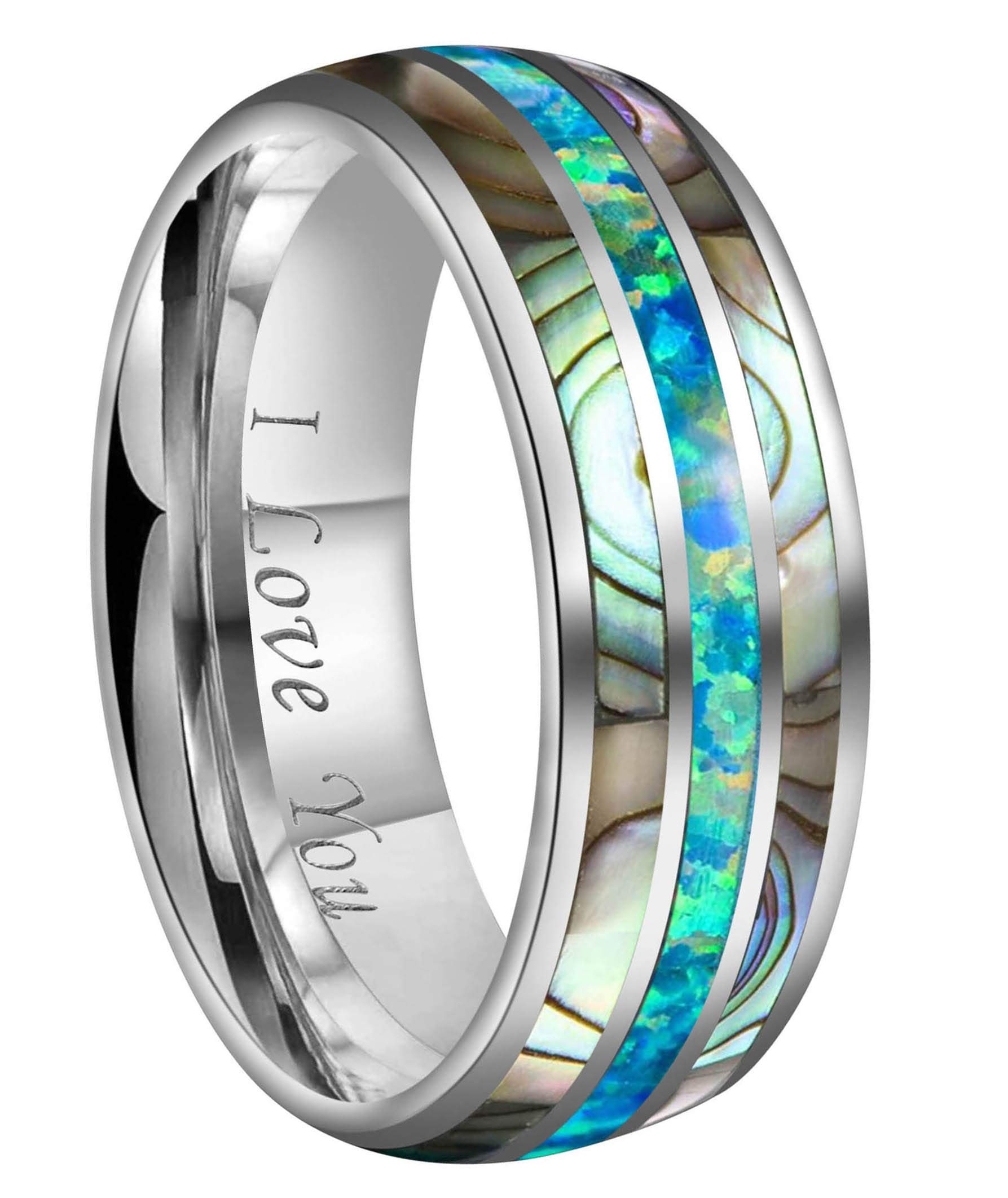 CROWNAL8mm Blue Opal And Abalone Shell Inlay Tungsten Carbide Ring Men Women Wedding Band High Polished Engraved I Love You Size 7 To 17