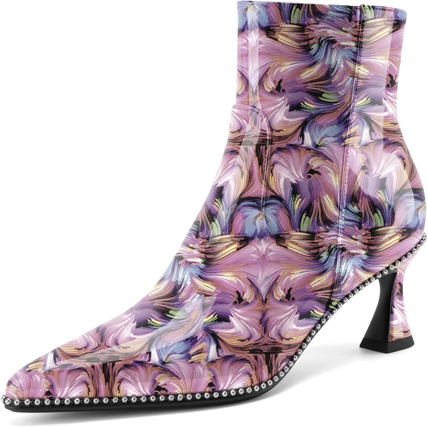 Z.Oufeier Women's Pointed Toe Kitten Heel Ankle Boots Patent Leather Sexy Zipper Dressy Fall Booties Classic Dress Short Heels Shoes