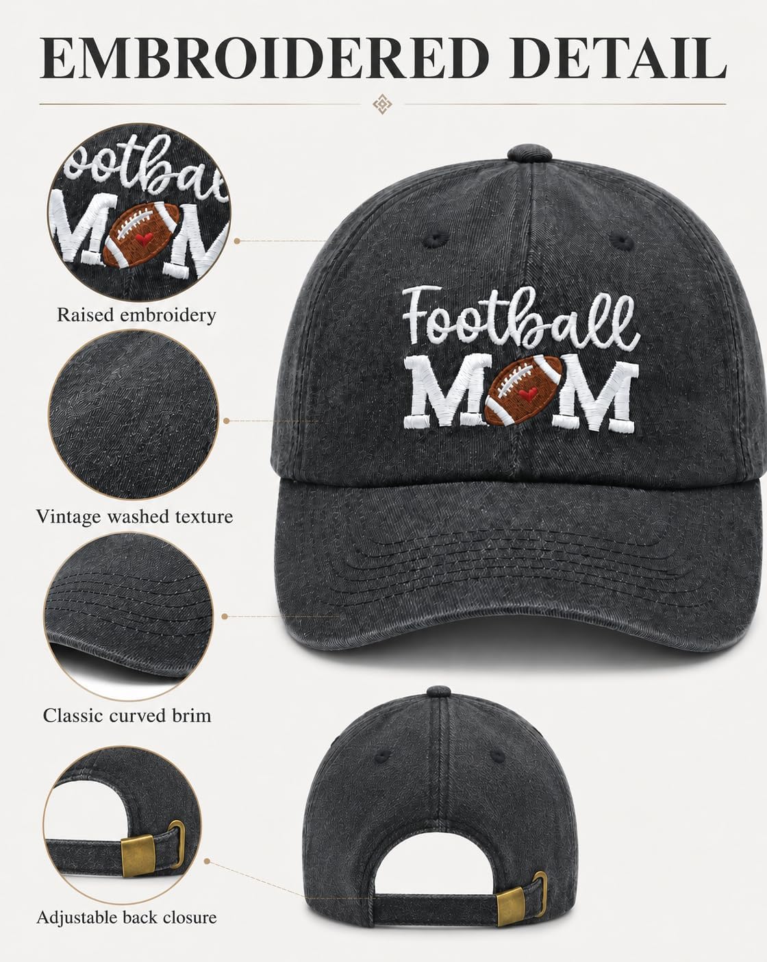 Football Mom Hat for Women, Adjustable Football Baseball Cap