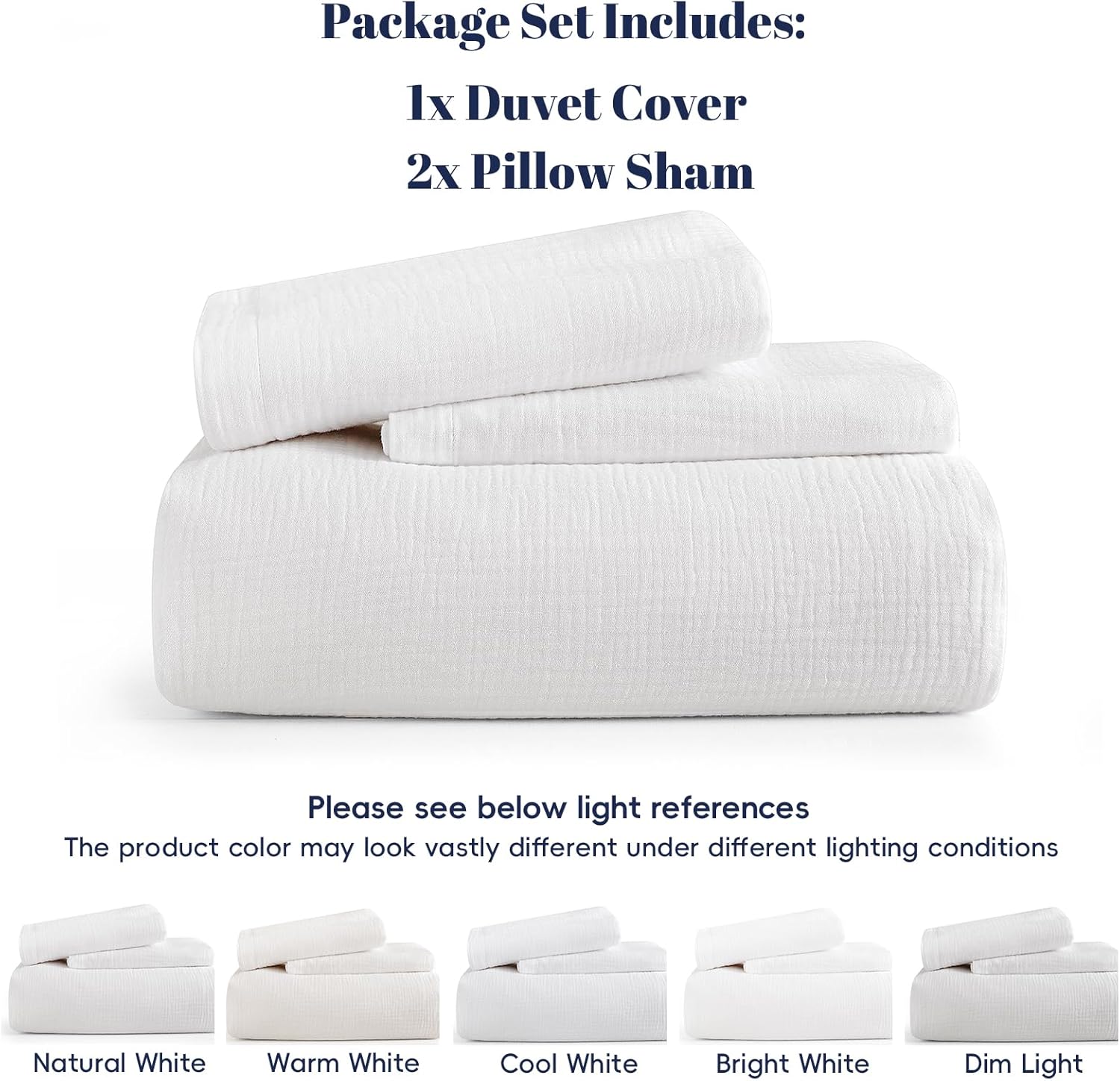 PHF Cotton Muslin Duvet Cover Queen Size, 3-Layer Ultra-Soft Lightweight Breathable Textured Guaze, Skin-Friendly Minimalist Comforter Cover Set for All Season, with 2 Pillow Shams, 90"x90", White