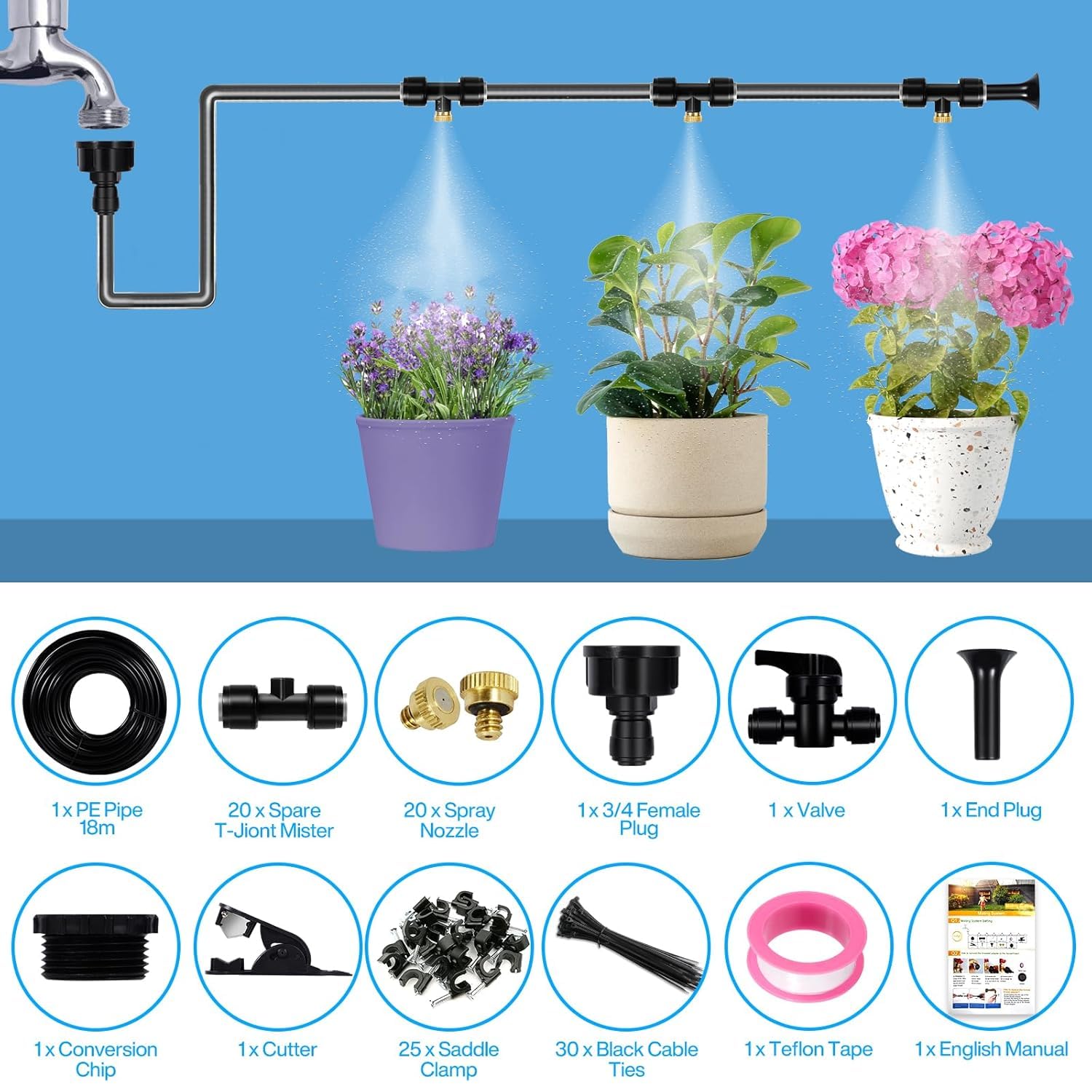 Brumisateur Terrasse Exterieur, Kit d’Irrigation Système de Brumisateur Extérieur 18M avec 20 Buses de Brume avec Joint en T, Kit de Tuyau Brumisateur par Brume pour Jardin Parasols, Piscine