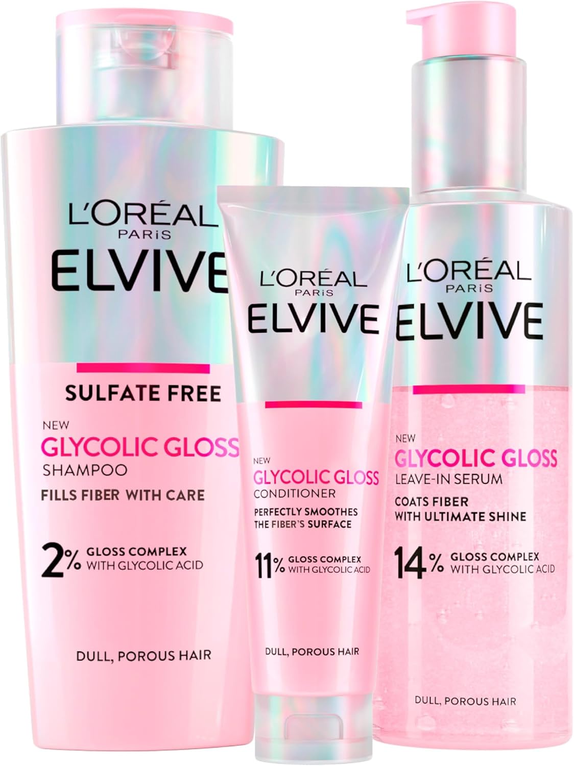 L’Oréal Paris Elvive Glycolic Gloss Conditioner 150ml + Shampoo 200ml + Leave-In Serum 150ml Set Voor Dof en Poreus Haar Intense en Langdurige Glans – 3 Flessen
