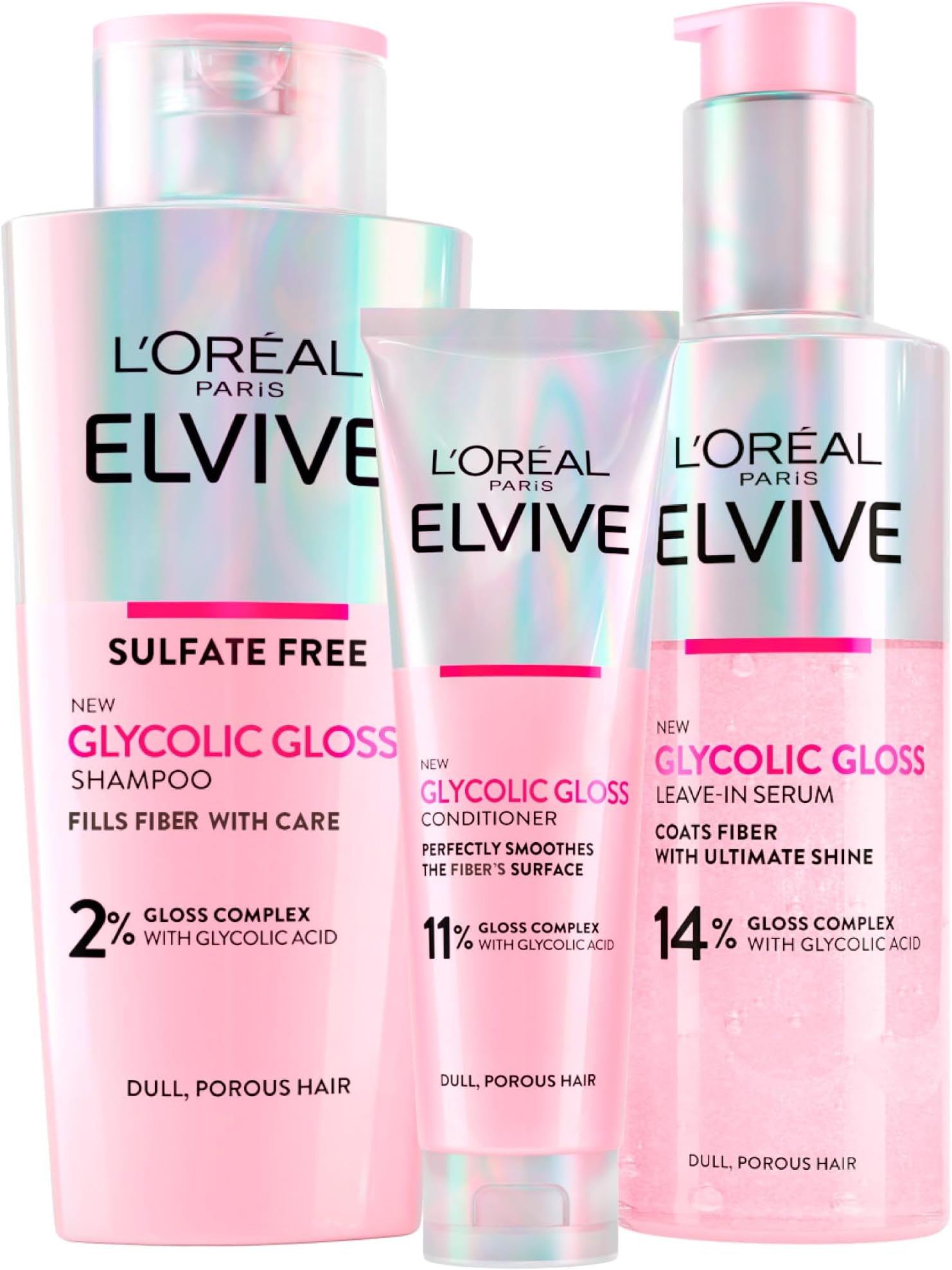L'Oréal Paris Elvive Glycolic Gloss Conditioner + Shampoo + Rinsing Serum Set for Dull and Porous Hair, Elvital Glycolic Shine, Intense and Long-Lasting Shine, 3 Bottles