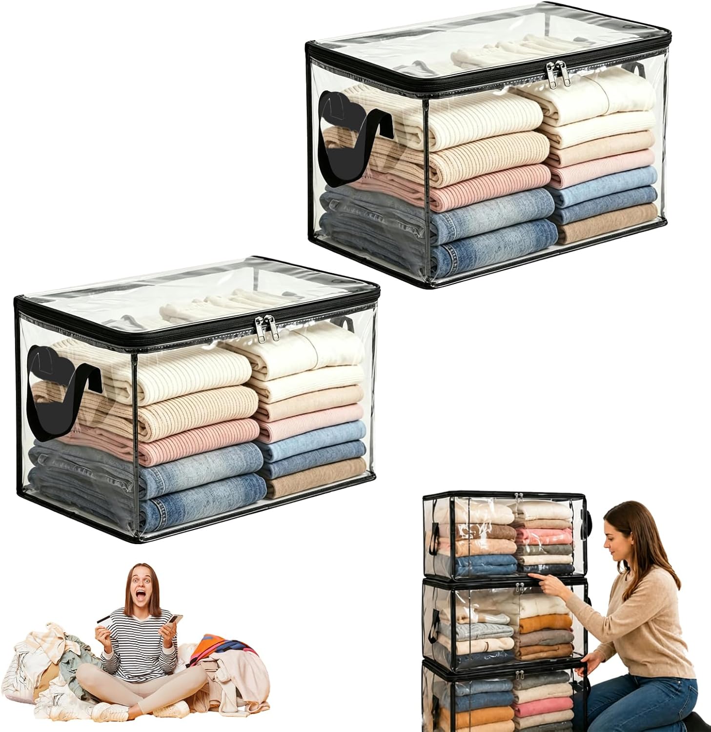 Large Heavy Duty Thick Plastic Clear Storage Bag for Clothes, Moving & Storage, Stackable Pvc Organizer with Zipper and Reinforced Handles for Blankets, Bedding, Dorm Room, Closet Organization (2Pcs)