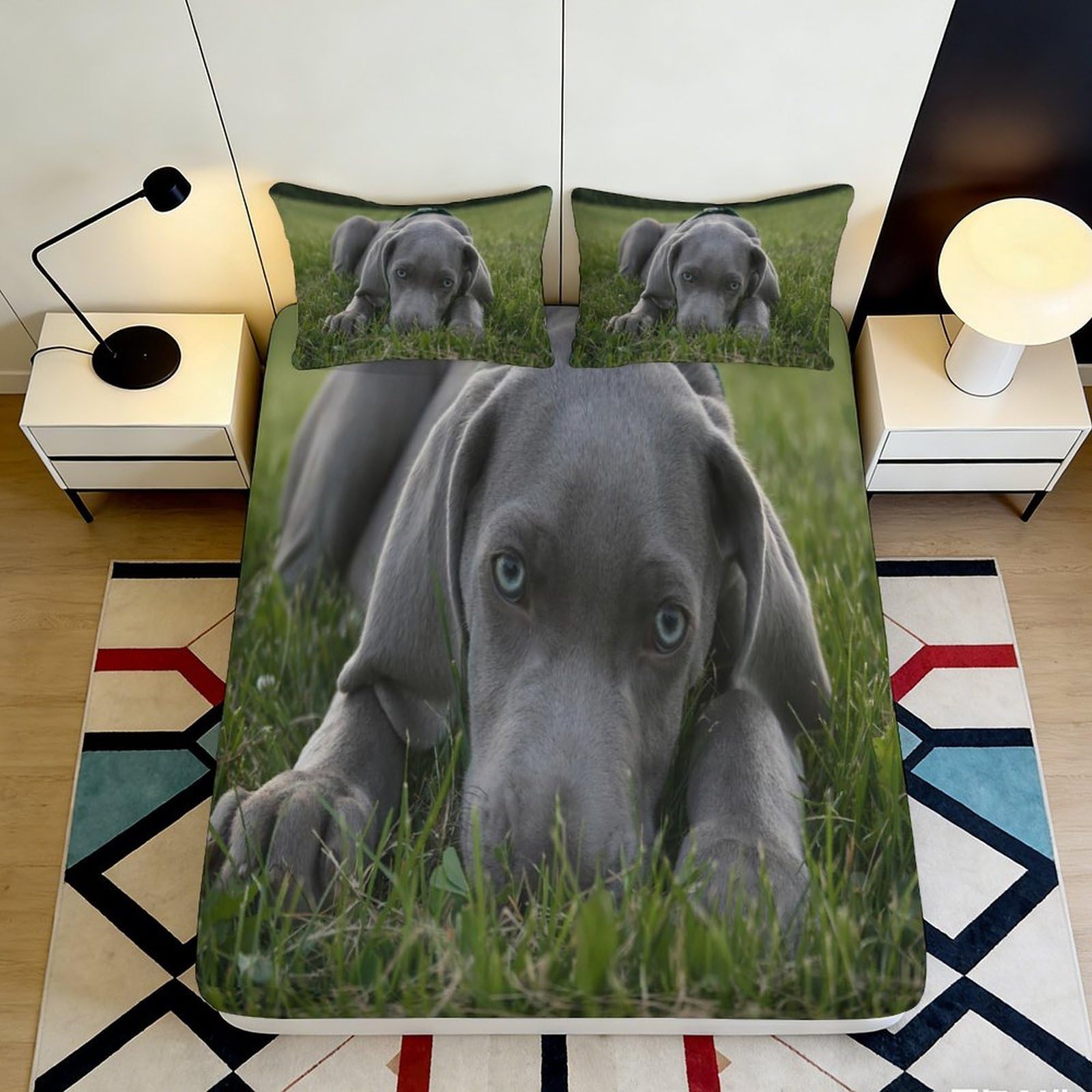 3D Printed Grey Puppy Fitted Sheet Microfiber Anti-Slip Mattress Cover for Bedroom Dorm Easy Care Decorative 140x200x25cm