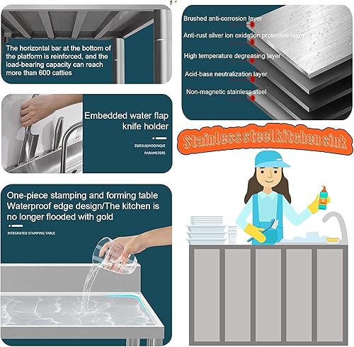 Miniatura 3 de Fregadero de restaurante comercial, fregadero de cocina utilitario, con grifo y estantes de almacenamiento dobles de acero inoxidable, fregadero de