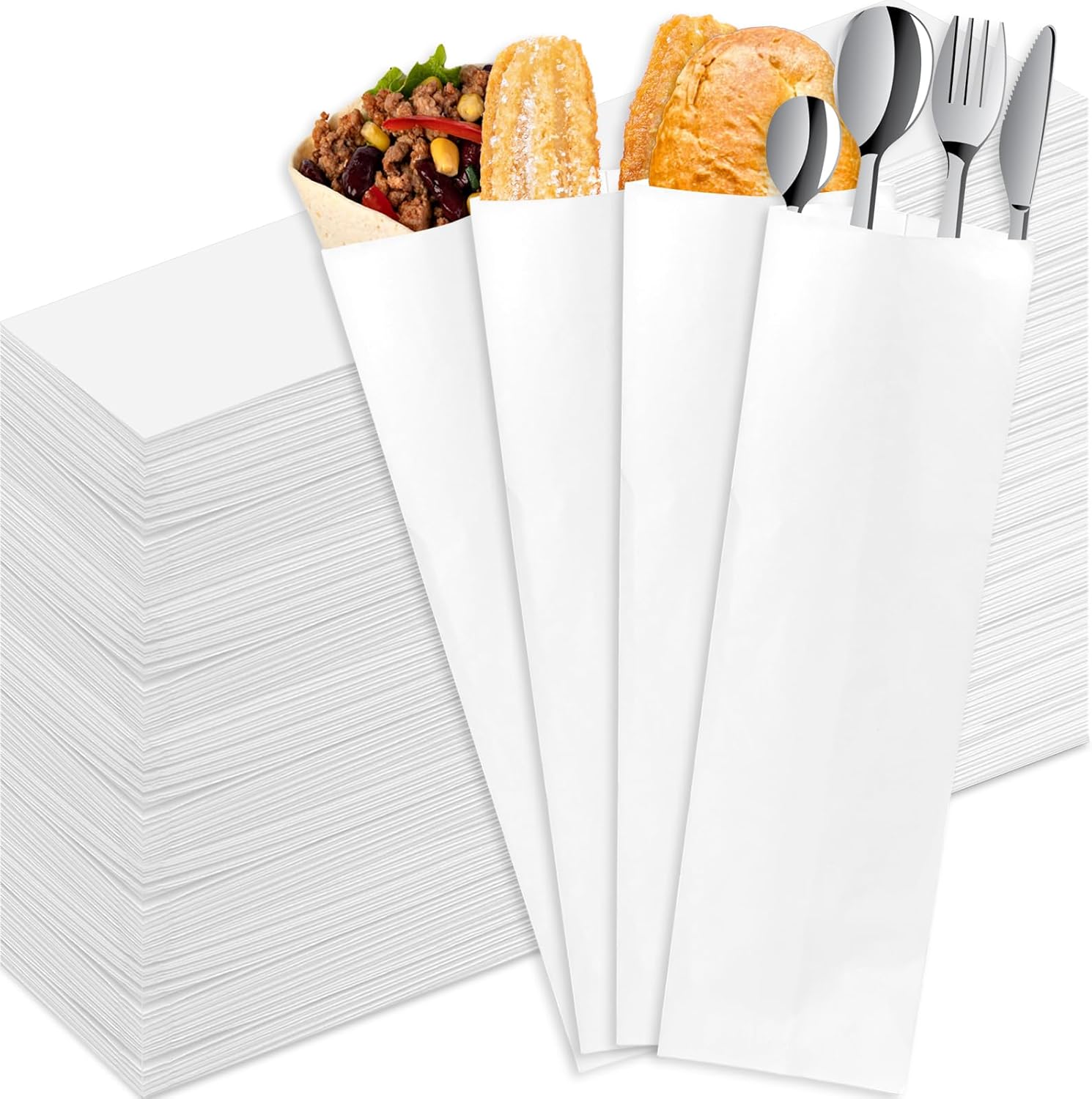 party greeting 3000 pcs churro bags bulk silverware bags silverware sleeves paper for restaurant 10" x 2-3/4" disposable utensils sleeves cutlery holder for baguette rod cookies pretzel bakery, white