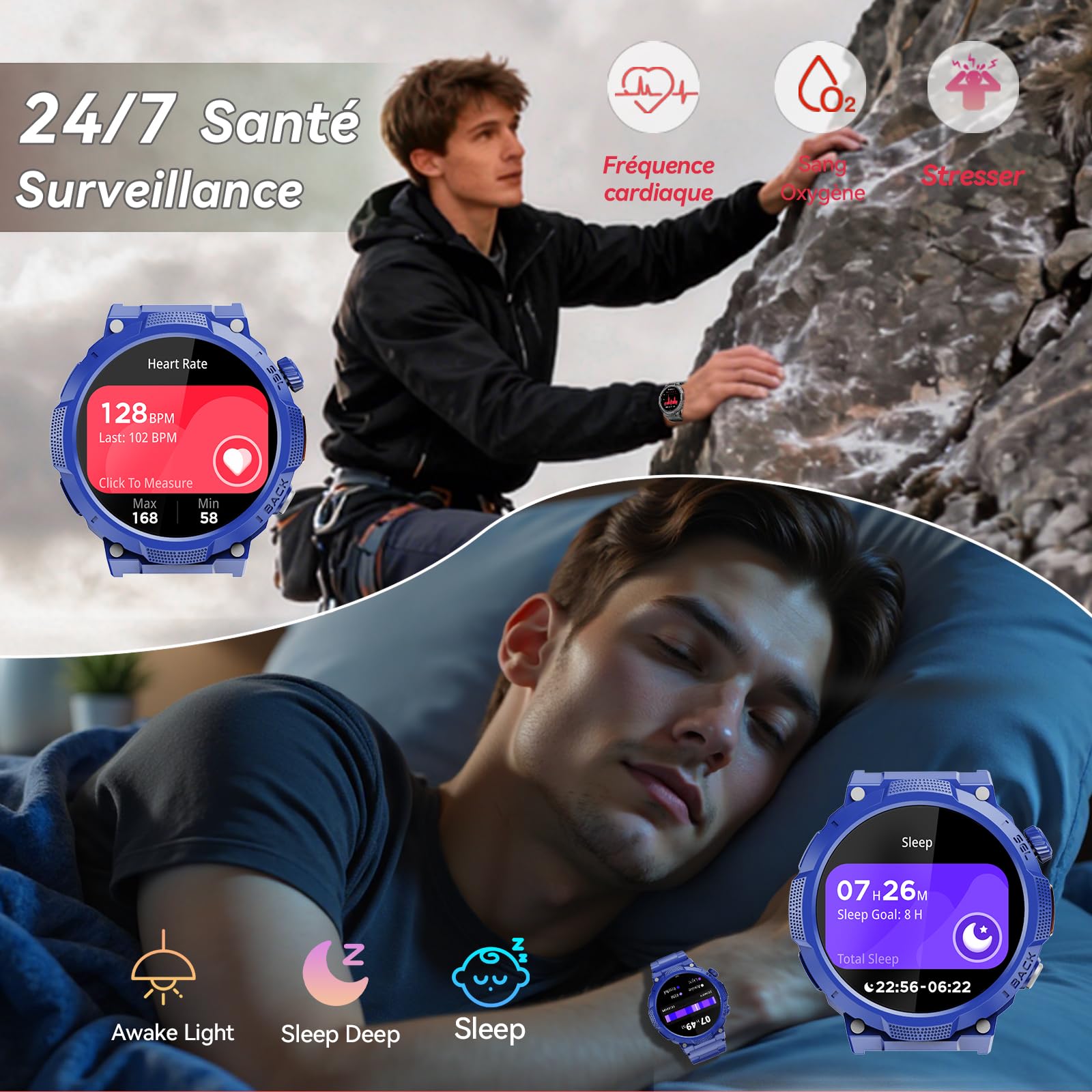 Soudorv Montre Connectée Homme, Militaire Smartwatch avec LED Lampe, Bleu