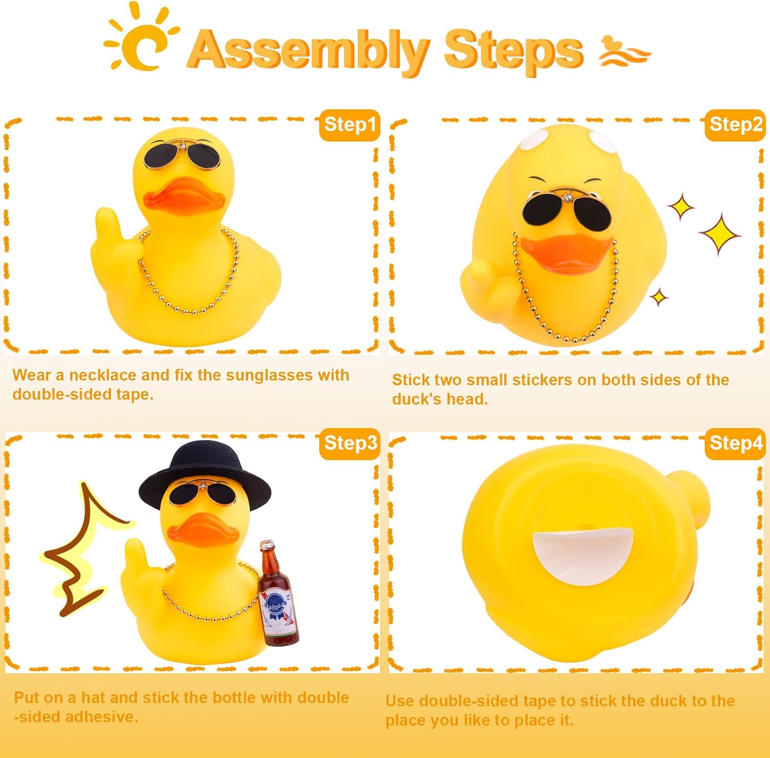 Rubber Duck Car Ornament, Unique Yellow Duck Car Dashboard Decorations Accessories with Top Hat Sunglasses Necklace and Cute Prop (3.54 Inches)