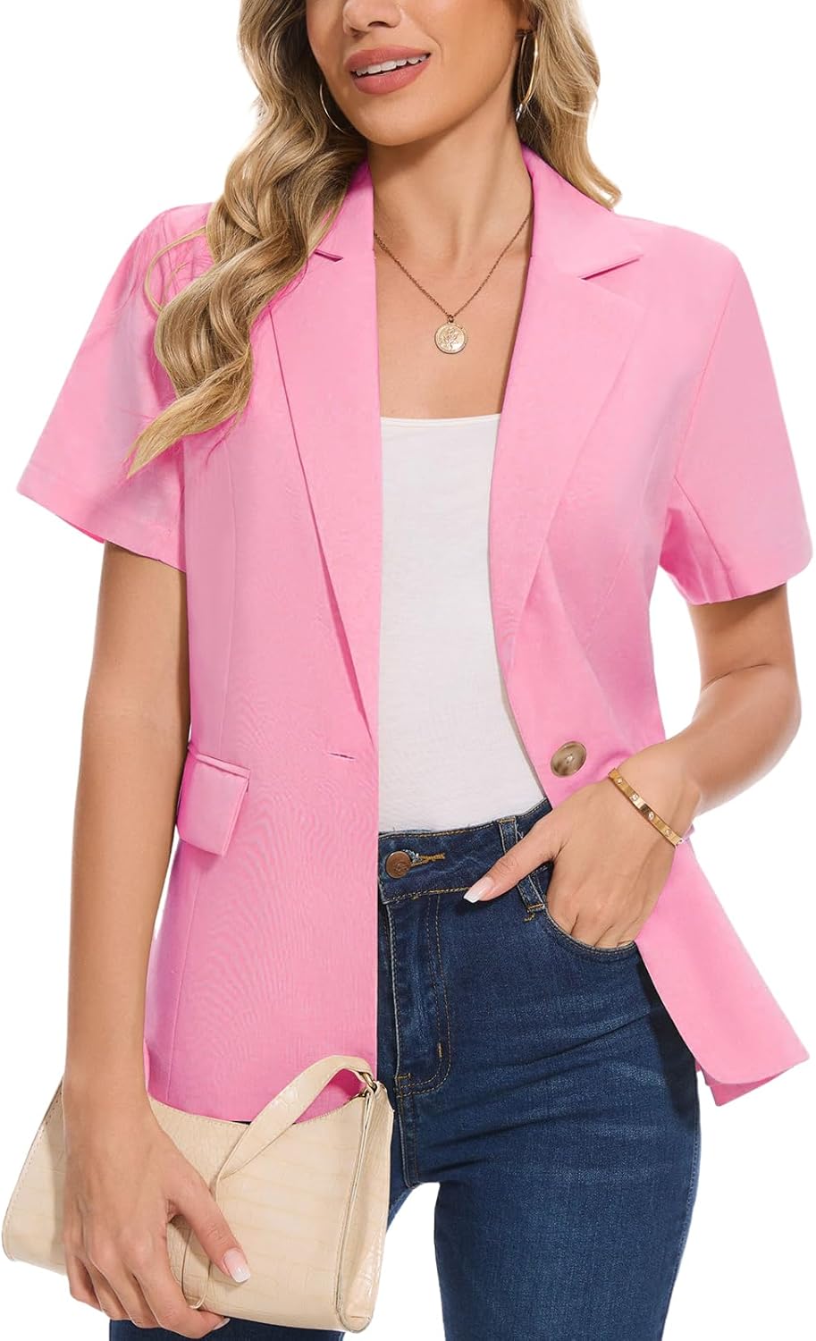 MINTLIMIT Women's Cotton Linen Blazer Jacket Short Sleeve Summer Casual Lightweight Button Lapel Blazers with Pockets
