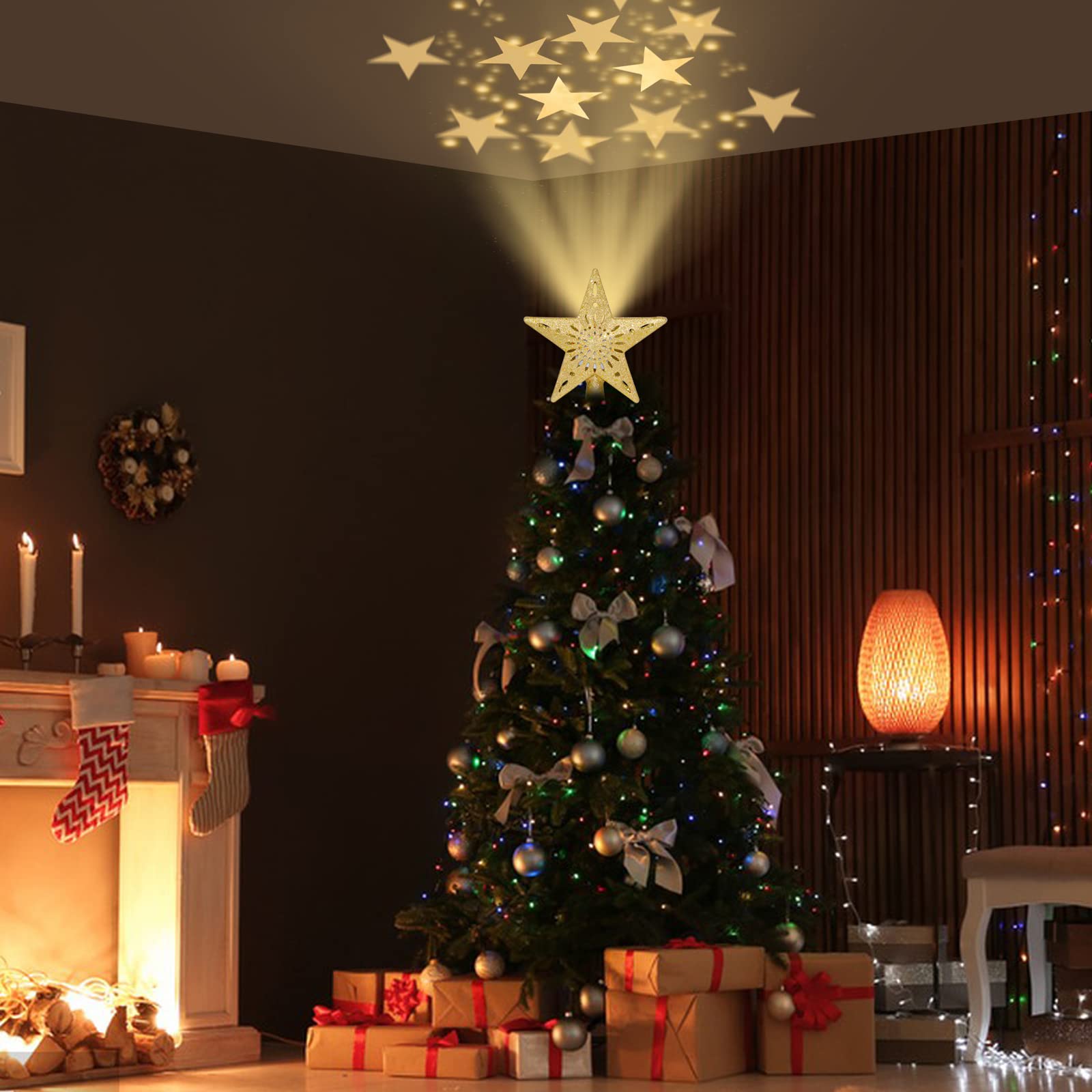 Christmas Tree Topper, Christmas Decoration Tree Top Star 3D Projection Lamp with Rotating Star Projector Lights,for Christmas Decorations Xmas New Year Holiday Party (Five-Pointed Star)