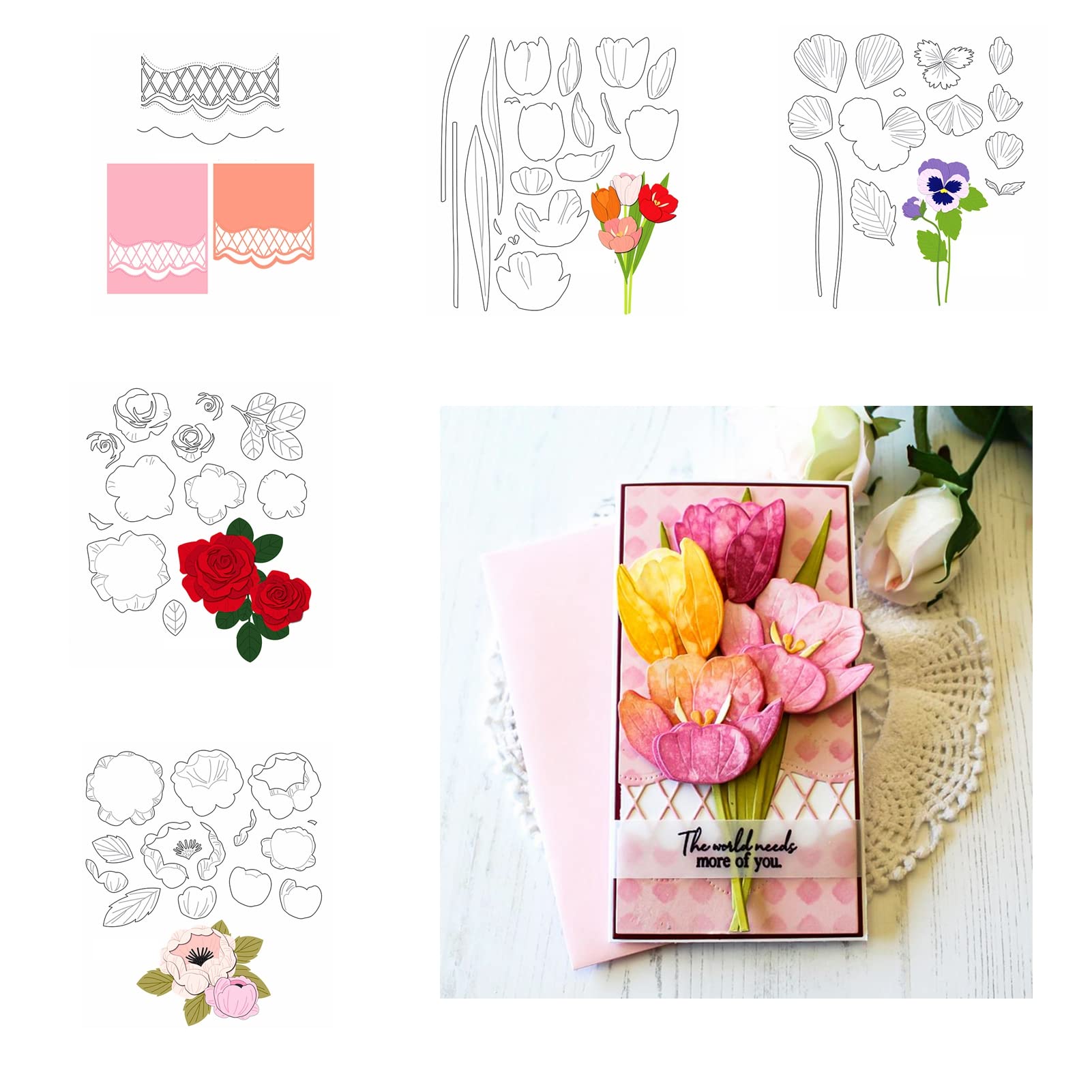 Juego de 5 Troqueles de Corte de Metal Flor Rosa Tulipanes diseño de Flores para DIY Scrapbooking Tarjeta Hacer álbum Foto Regalo de felicitación