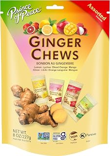 Prince of Peace Assorted Ginger Chews 8oz - Lemon, Lychee, Blood Orange, Mango | Gluten-Free Candied Ginger Candy for Digestion