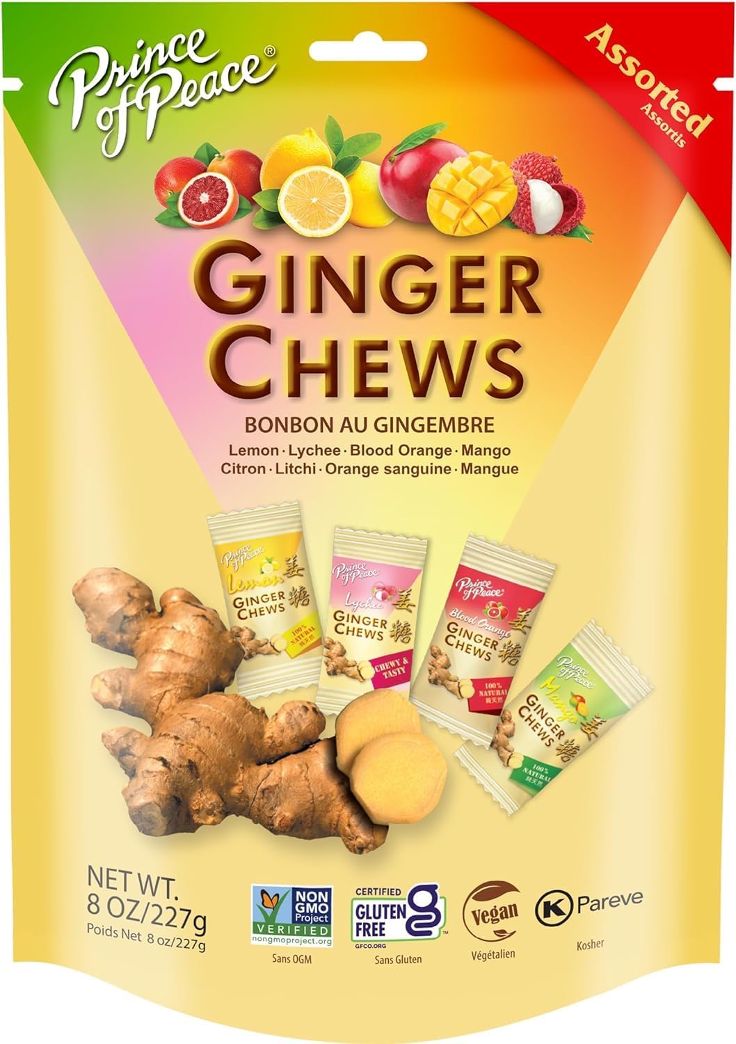 Prince of Peace Ginger Chews Assrted Flavors, 8 oz - Lemon, Lychee, Blood Orange, Mango – Candied Ginger – Candy Pack – Ginger Chews Candy – Natural Candy