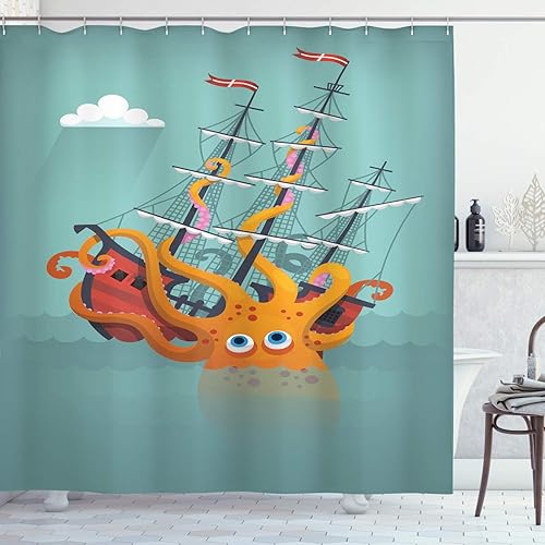 Miniatura 29 de Ambesonne Cortina de ducha amarilla, inspirada en pícnic, temática de los años 50, 60 y 70, estampado de lunares retro, juego de decoración de baño