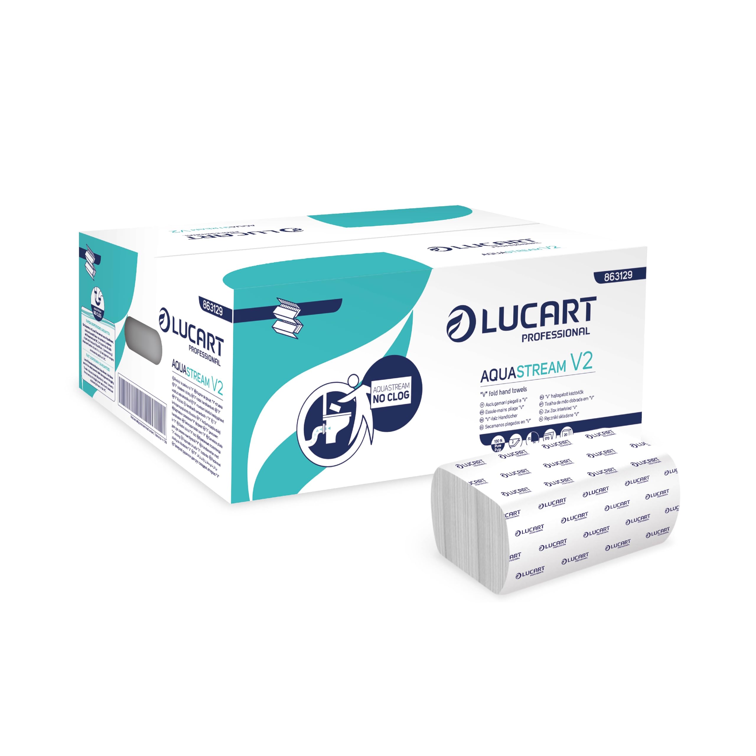 Lucart Professional, AquaStream V2, Asciugamani Piegati a V ad alta dissolvenza, Ideale per Bagni Pubblici e Uffici, 170 pezzi per confezione, 21x21 cm, 20 confezioni