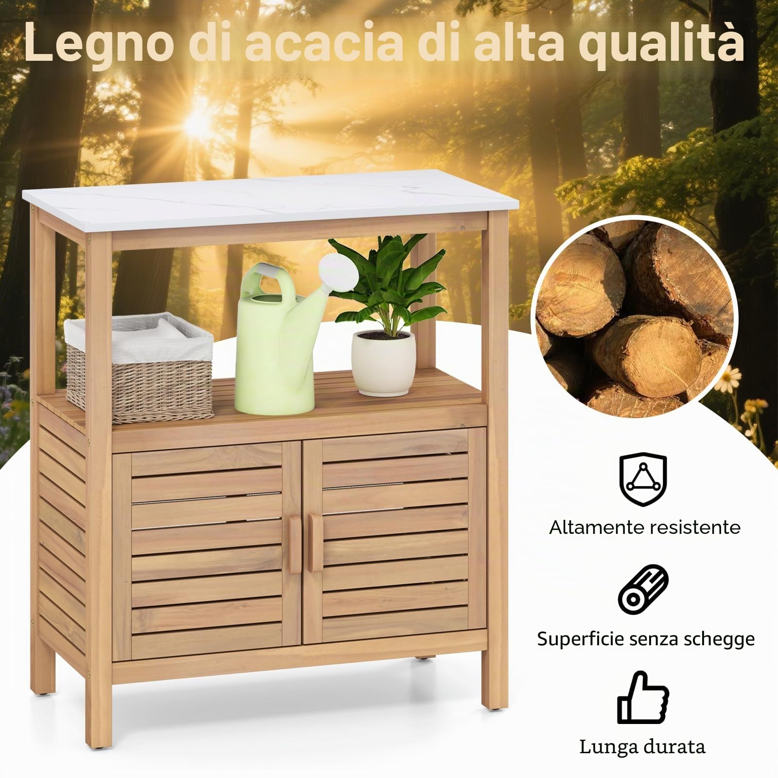 GIANTEX Armadio da giardino in legno di acacia, con 2 ripiani, per balcone, terrazza, cortile, 80 x 40 x 90,5 cm