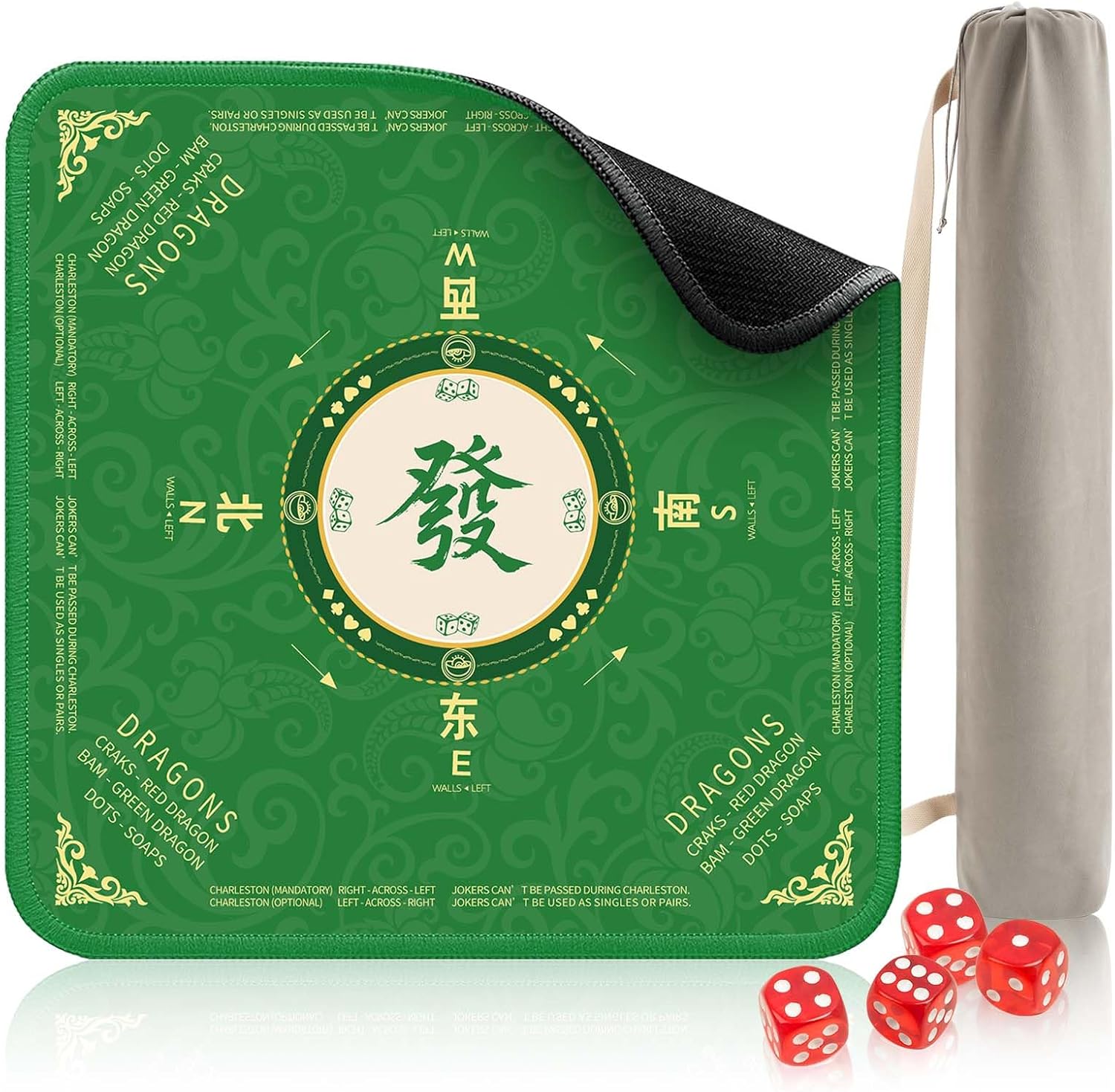 Mahjong Mat, Non-Slip Noise Reduction Mahjong Mat for Table 32.5" x 32.5", Waterproof, Comes with Carrying Bag, Gaming Mat for Mahjong, Poker, Board Games and Dominoes (Green)