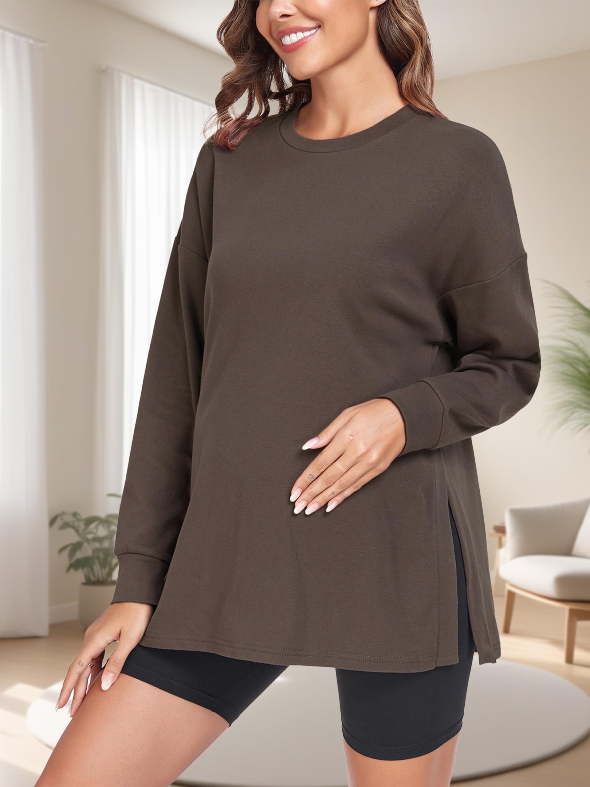 Haut de maternité à manches longues pour femme - Coupe ample - T-shirt de maternité fendu sur le côté - Haut d'allaitement