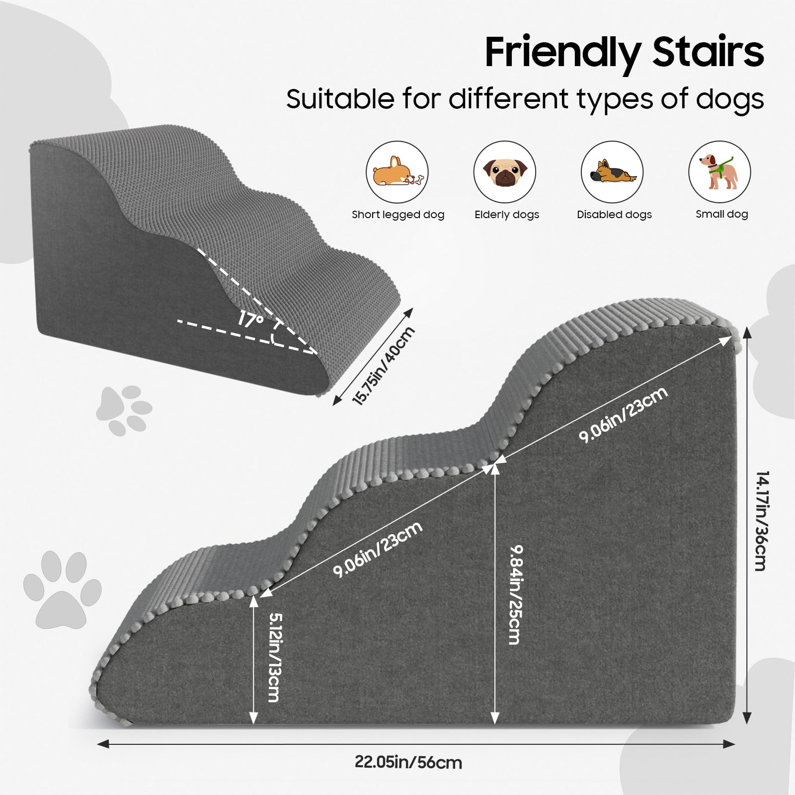 Scaletta per animali domestici per cani e gatti di piccola taglia, design curvo con copertura impermeabile, gradini in schiuma ad alta densità per letti o divani, resistente e leggera, a 3 strati, 55