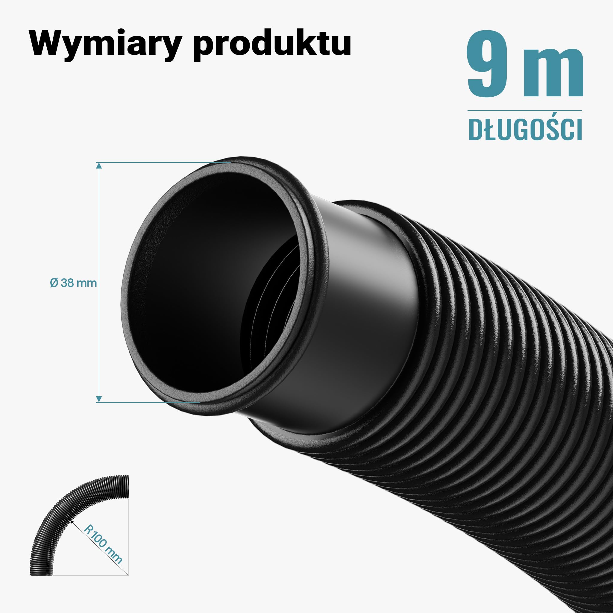 Wiltec Wąż do basenu o długości 9 m, Ø 38 mm czarny wąż ssący do pompy basenowej z mufami, wąż solarny - Made in EU
