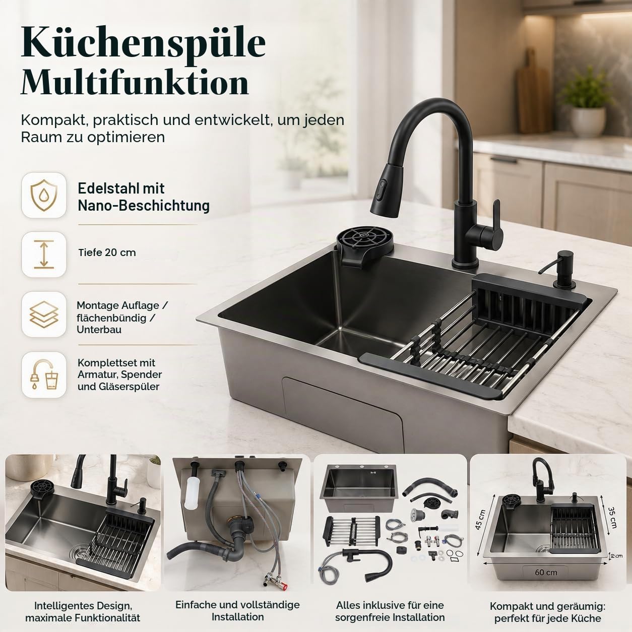 Edelstahl-Spüle, 1 Becken, 60 x 45 cm, kommerziell, Küchenspüle, Einbauspüle, Nanobeschichtung, drehbarer Wasserhahn und Abflusskorb – Schwarz