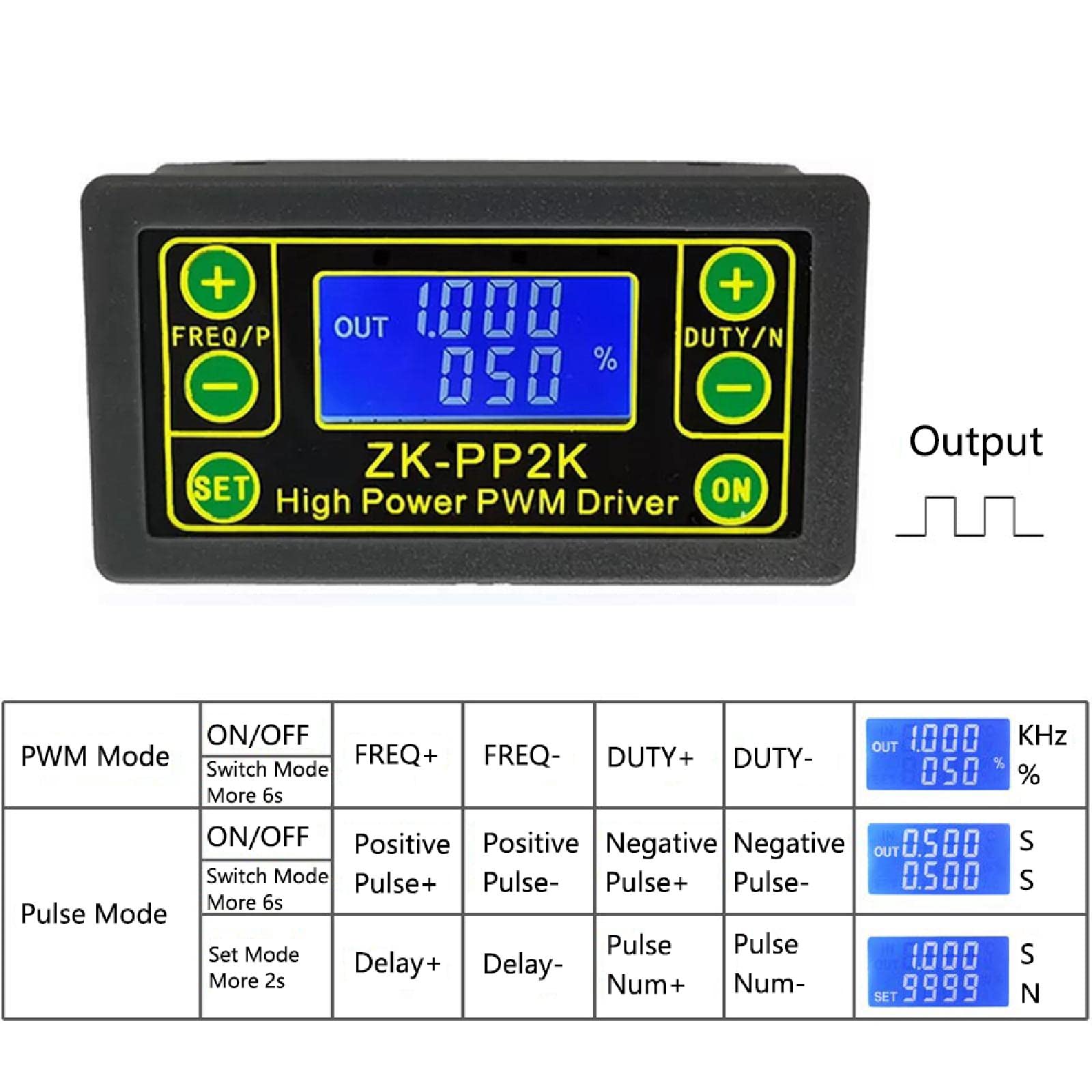 Générateur de signal ZK-PP2K, générateur de fréquence d'impulsion 1Hz ~ 150KHz Module de pilote 8A Module de cycle de fréquence d'impulsion LCD 3.3V-30V