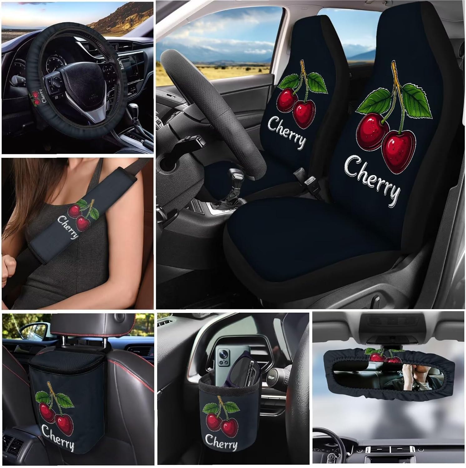 Cherry Car Interior Seat Covers 15 Pcs Easy to Install Auto Accessories with Seat Belt Cover, Steering Wheel Cover, Cup Holder, Key Chain, Car Decor Gift for Holiday