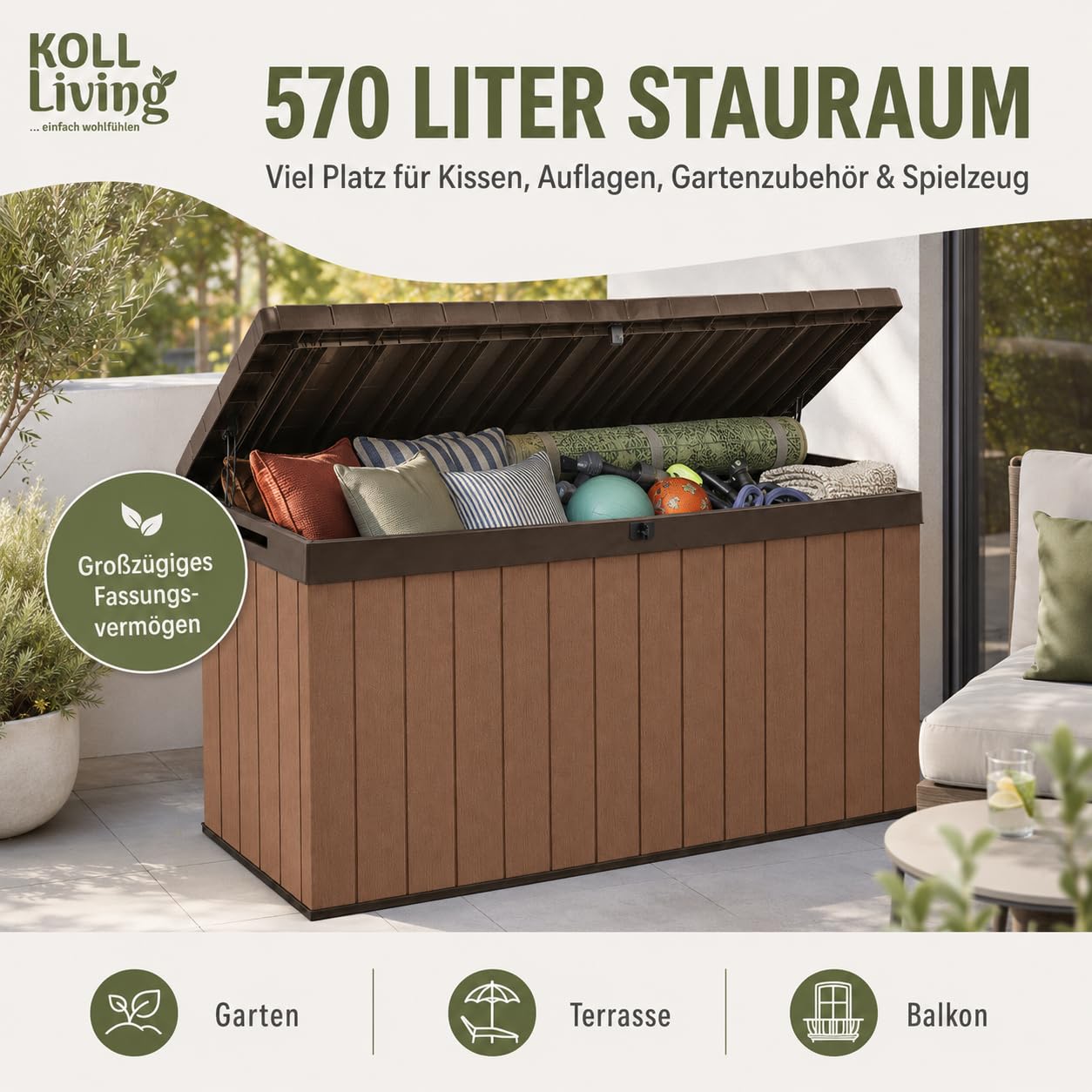 Koll Living Auflagenbox/Kissenbox Darwin l 100% Wasserdicht l mit Belüftung dadurch kein übler Geruch/Schimmel l Moderne Holzoptik l Deckel belastbar bis 300 KG (2 Personen) (Braun, 570 Liter)