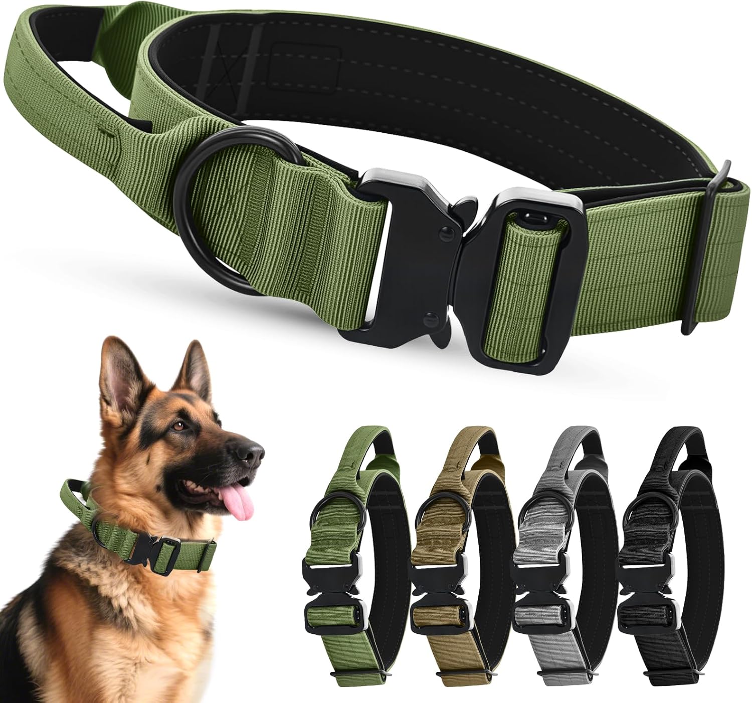 Ledeak Taktisches Hundehalsband mit Griff, weich gepolstert, verstellbares Hundehalsband mit robustem Metall-Adlerverschluss, taktisches Hundehalsband aus Polypropylen für mittelgroße große Hunde (grün, L)