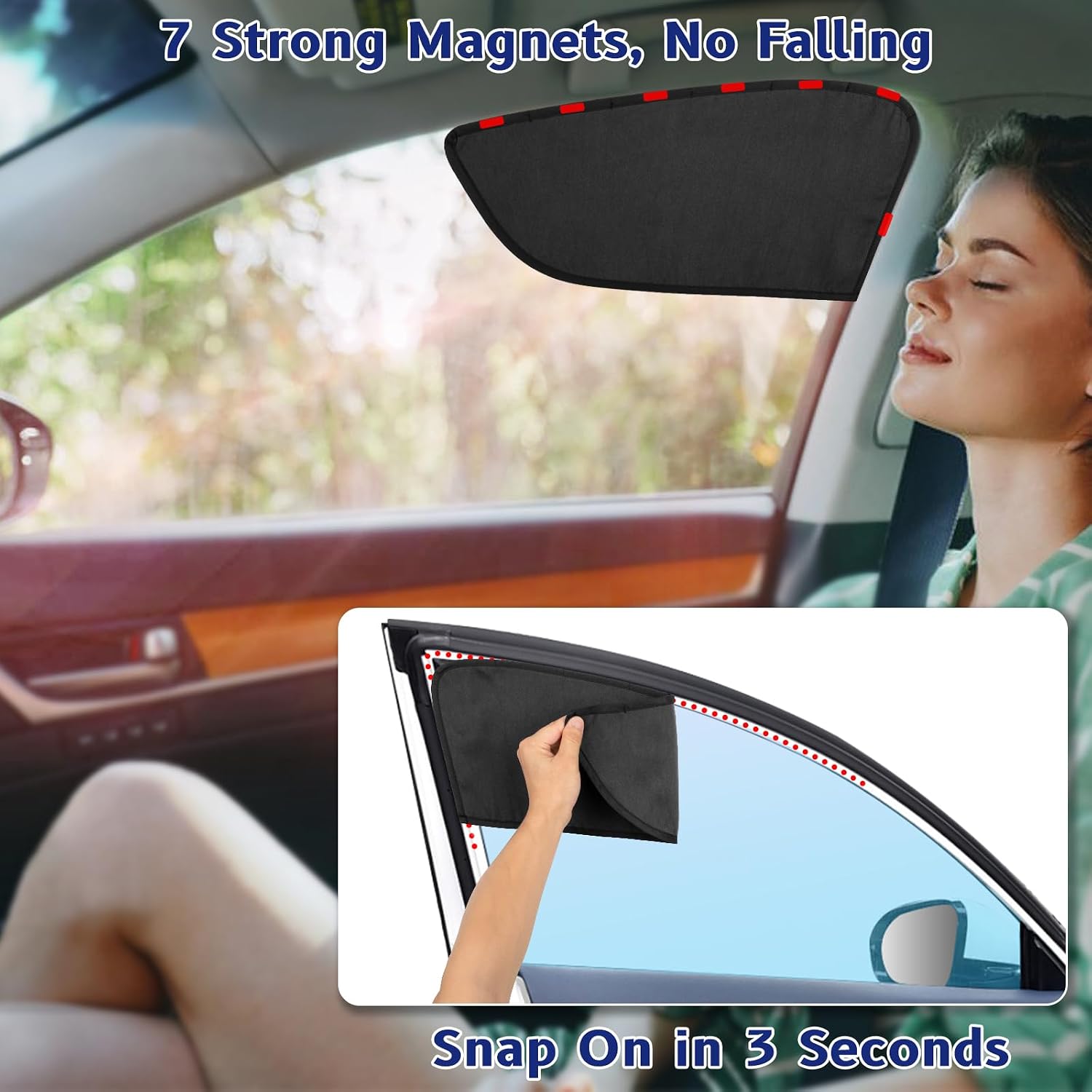 Car Window Shades, Magnetic Side Window Sun Glare Blocker with 7 Built-in N40 Magnets, 2 Pack UV Protection Driving Shade for Driver & Passenger Side, Heat Reduction, Easy Installation