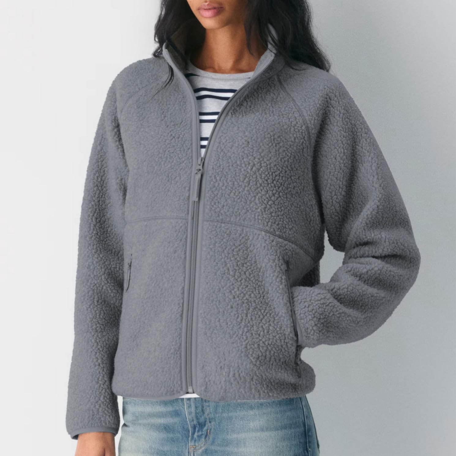 Womens Fleece Jackets Casual Long Sleeve Sherpa Jacket Warm Fuzzy Full Zip Up Sweatshirt Coat with Pockets