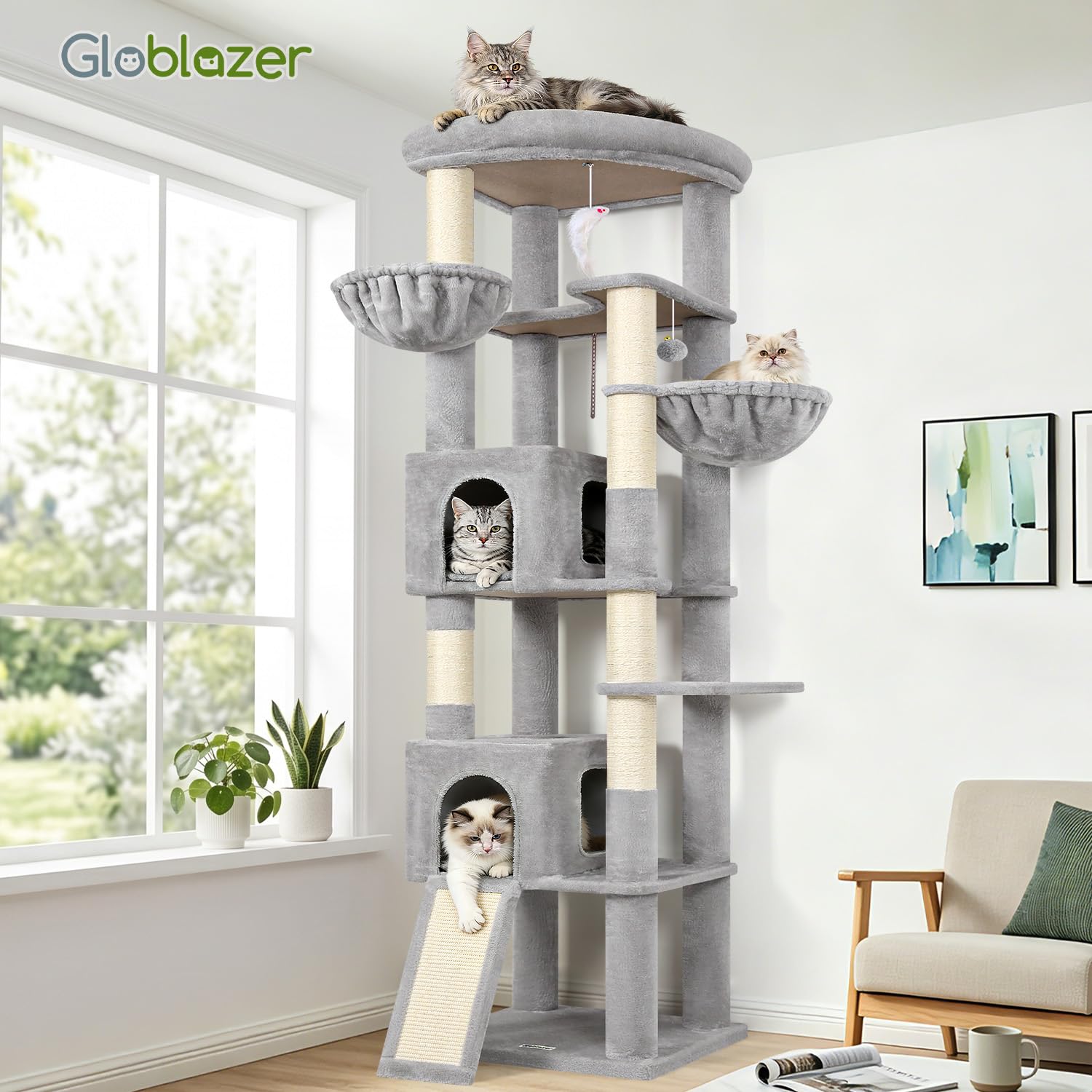 Globlazer Drapak XXL, wysokość 202 cm, z dużą, wyściełaną platformą 50 x 45 cm, 2 kosze, sizalowa deska do drapania, dla dużych kotów, do odpoczynku, zabawy wewnątrz (C80, jasnoszary)