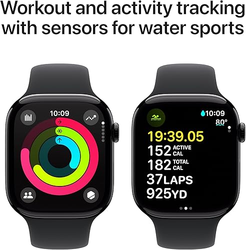 Miniatura 5 de Apple Watch Series 10 (46 mm, GPS) con caja de aluminio negro azabache, con correa deportiva negra, ML monitor de fitness, app de ECG, pantalla