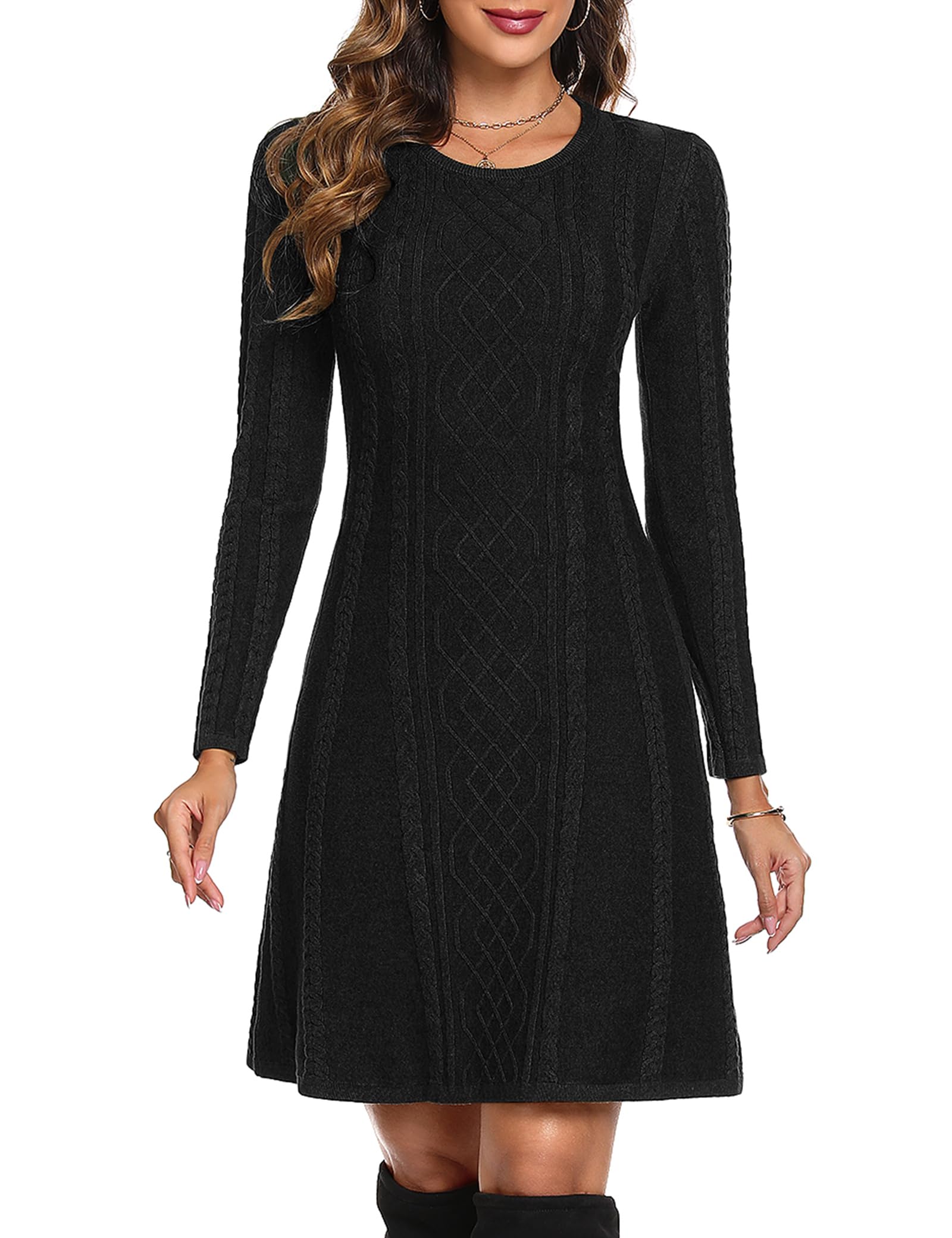 Aottori Suéter Vestido para Mujer Vestido Punto Manga Larga Vestido Suéter Elegante Casual Cuello Redondo Una Línea Jersey Vestidos para Otoño Invierno
