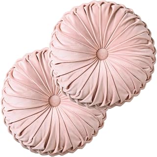 HIG Set of 2 Handmade Pink Ruched Velvet Round Throw Pillows 14.5" - Soft Polyester Filled Decorative Cushions for Couch, Bed, Living Room, Dorm