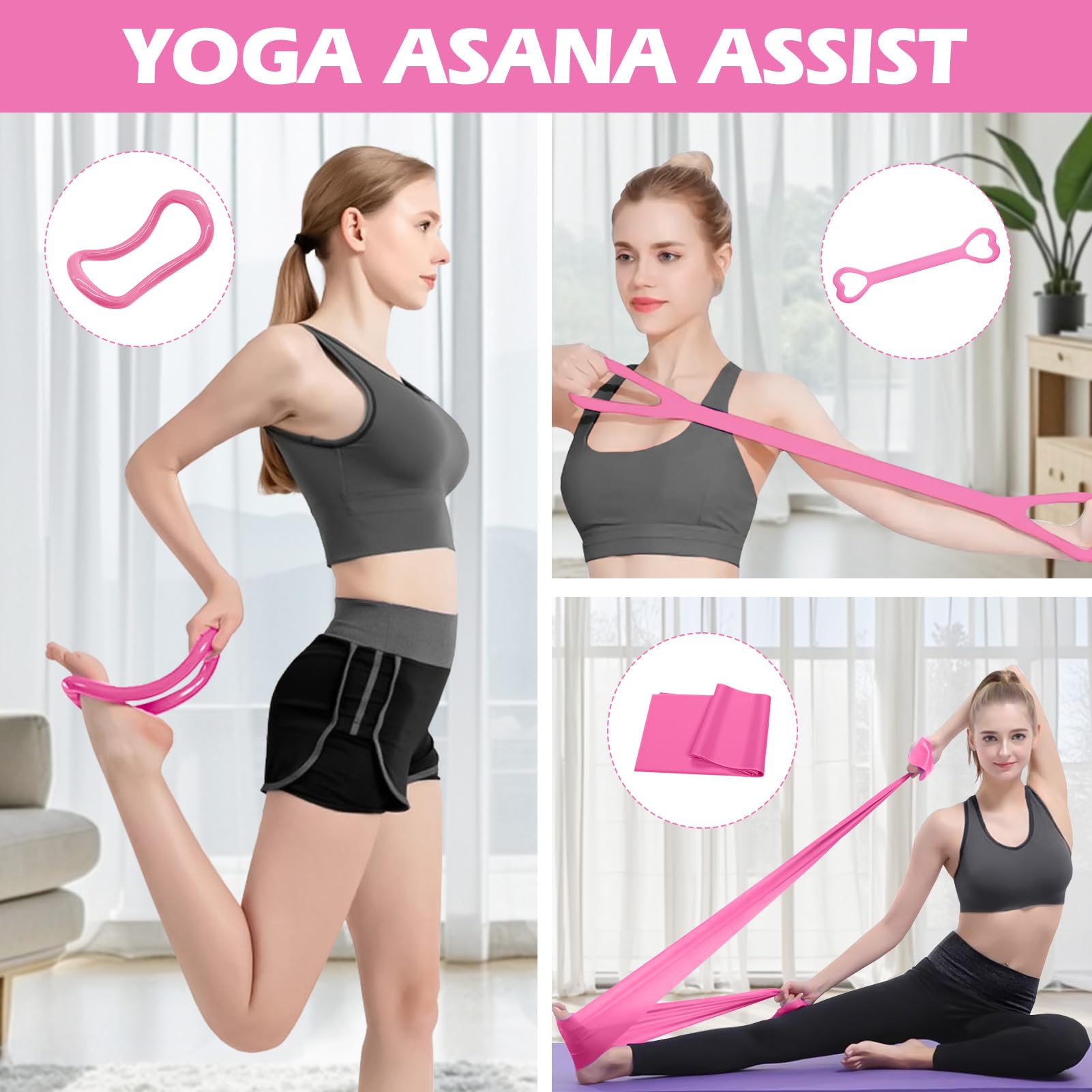 Ensemble de 13 anneaux de Pilates avec anneau 38 cm, ballon yoga 25 cm et bandes de résistance, équipement de gym à domicile